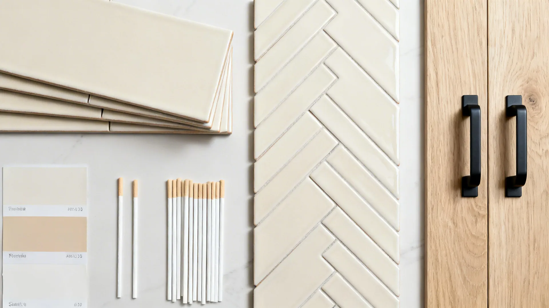 Material flat lay with cream subway tiles, grout options, oak sample, and matte black hardware.