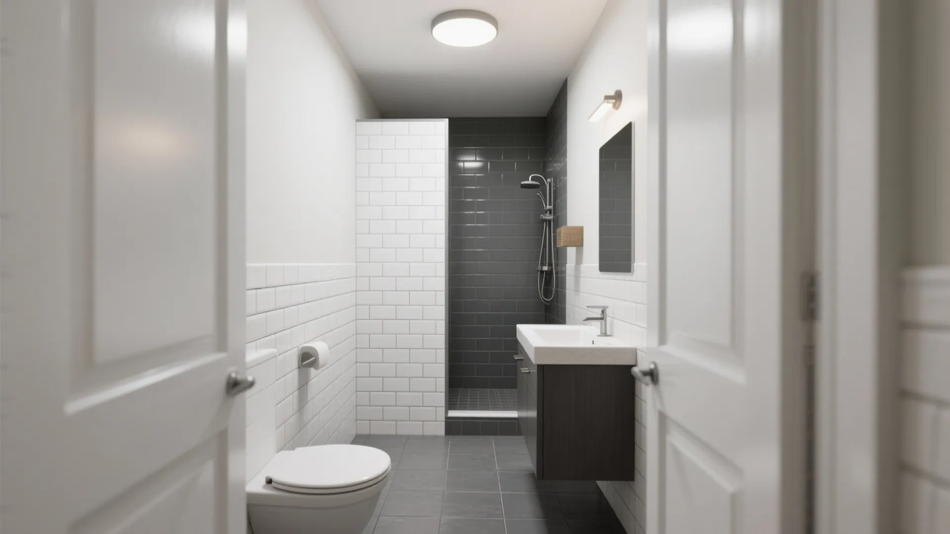 Modern bathroom interior design featuring white wall tiles dark shower area toilet and wooden sink cabinet