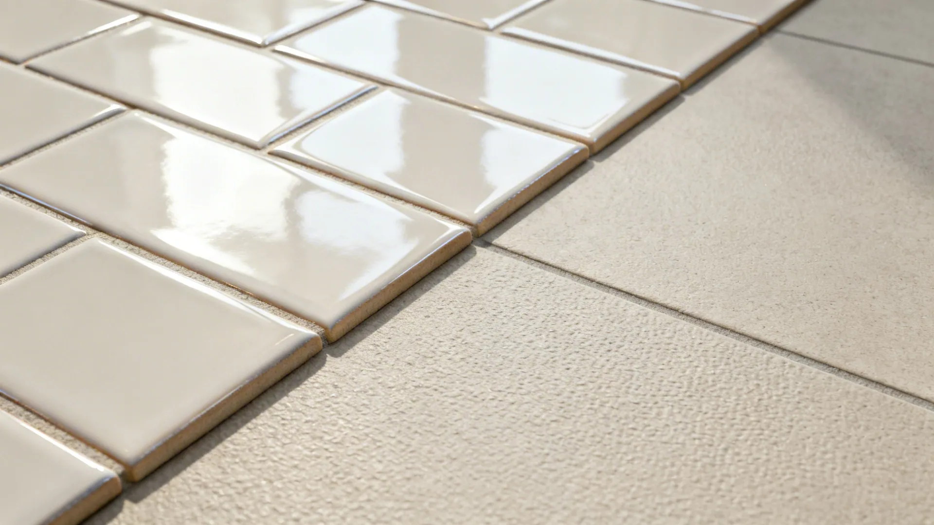 Macro of glossy subway tile glaze and matte slip-resistant floor texture with neat grout