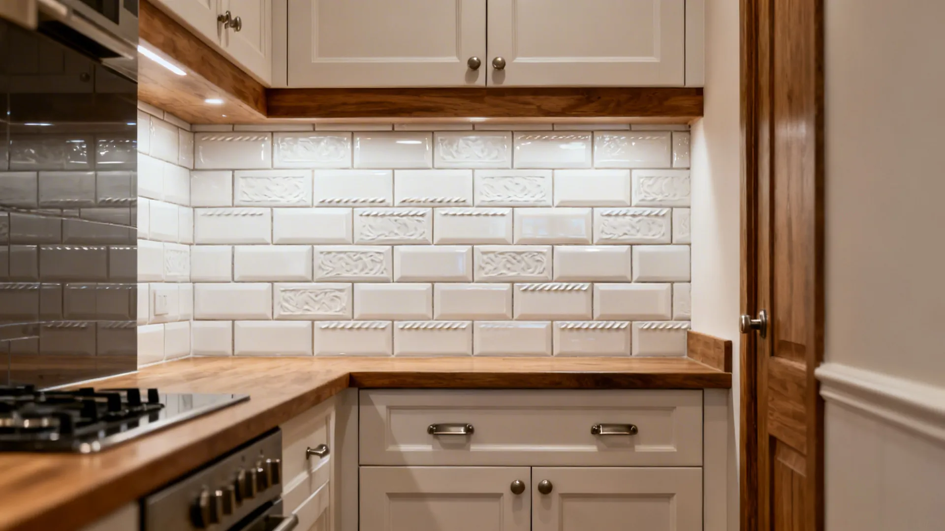 White subway tile sticker backsplash with micro‑bevel effect elongating a compact kitchen wall.