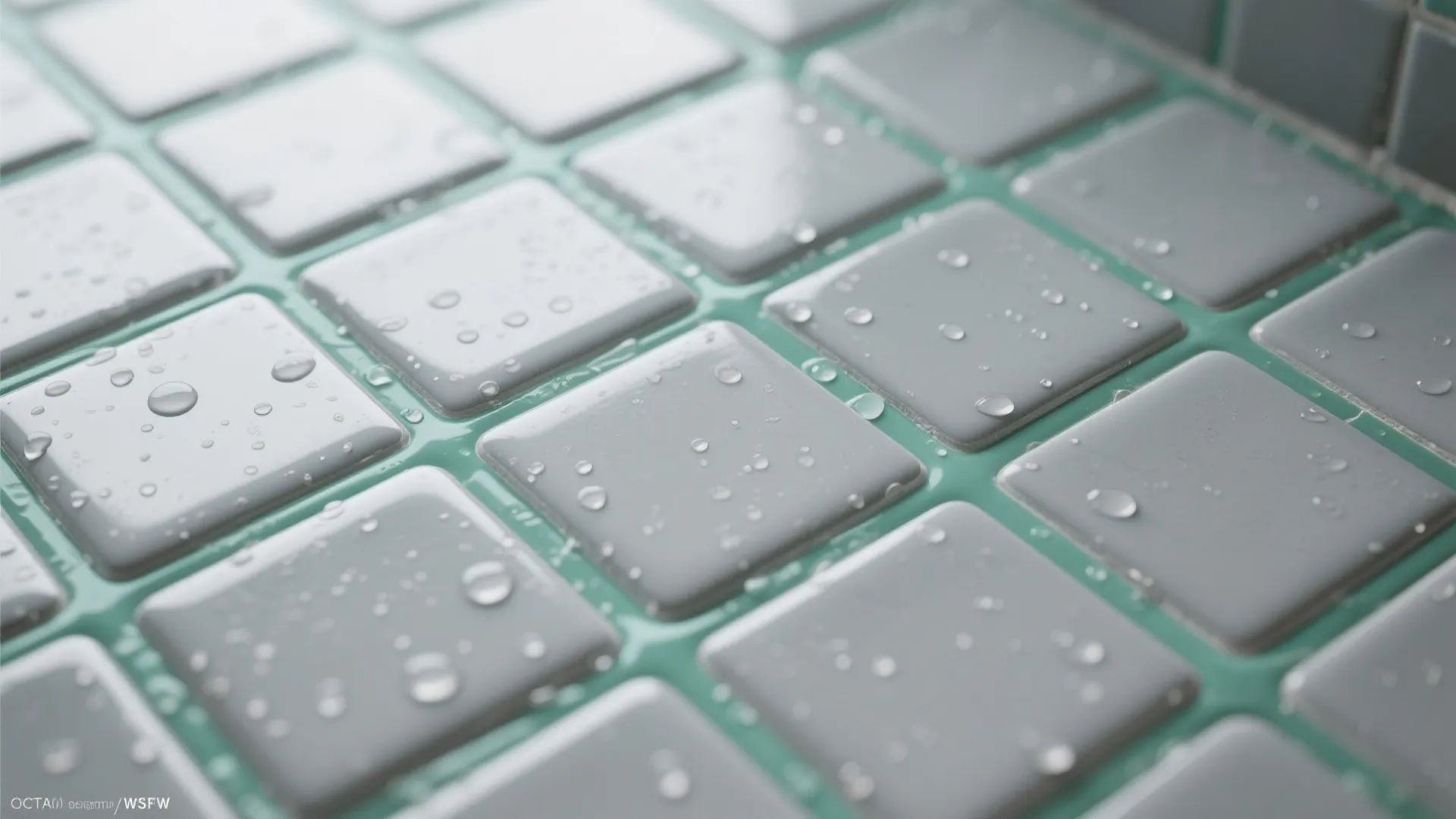 Close up of square white wall tiles with water drops and mint green grout lines