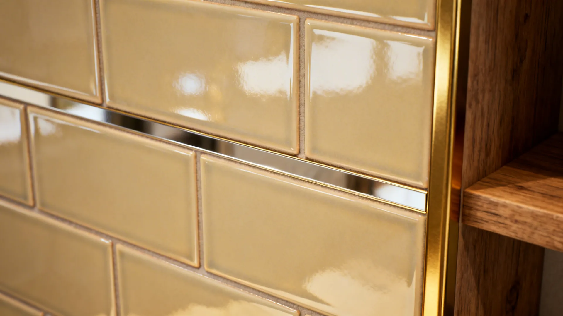Macro of glossy subway tile meeting a narrow mirror accent with clean grout lines.
