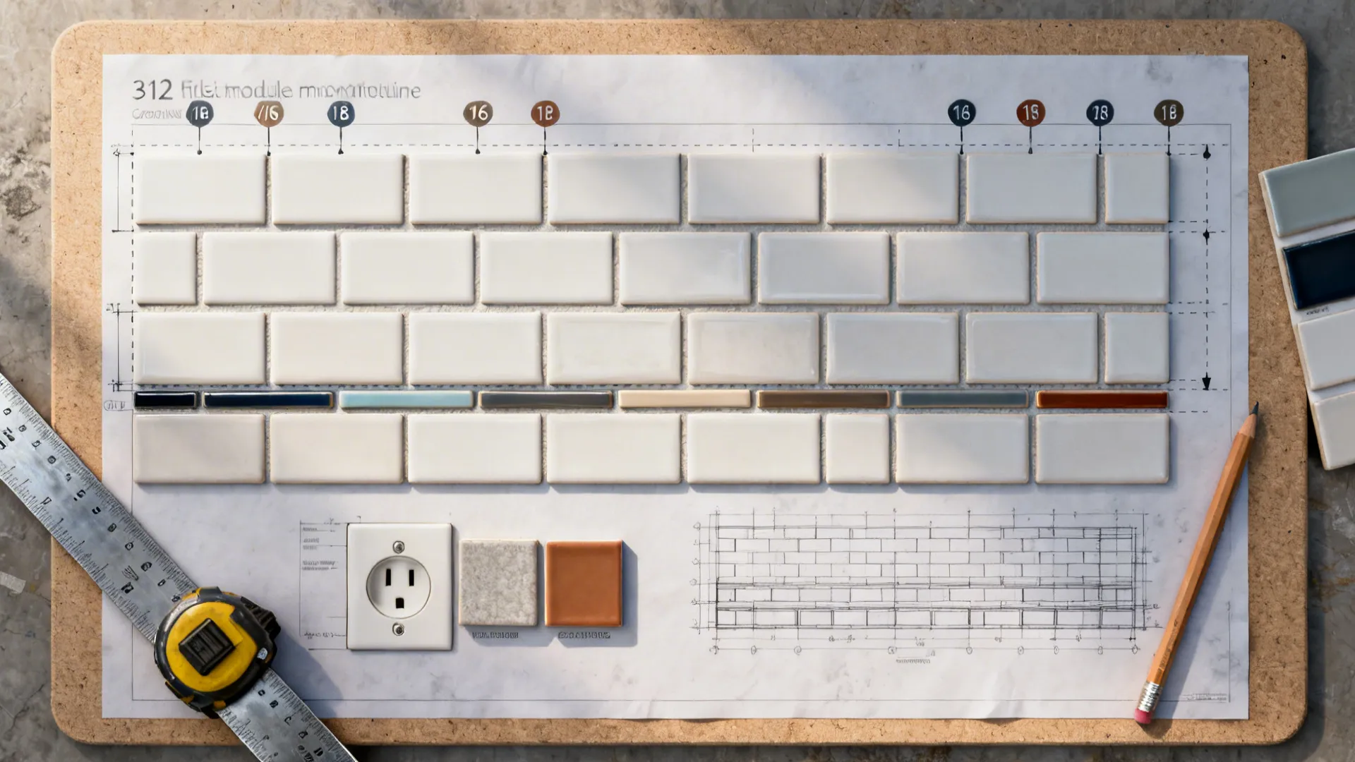 Top-down layout board showing 3x12 tile modules, grout widths, and outlet centering for a backsplash plan.