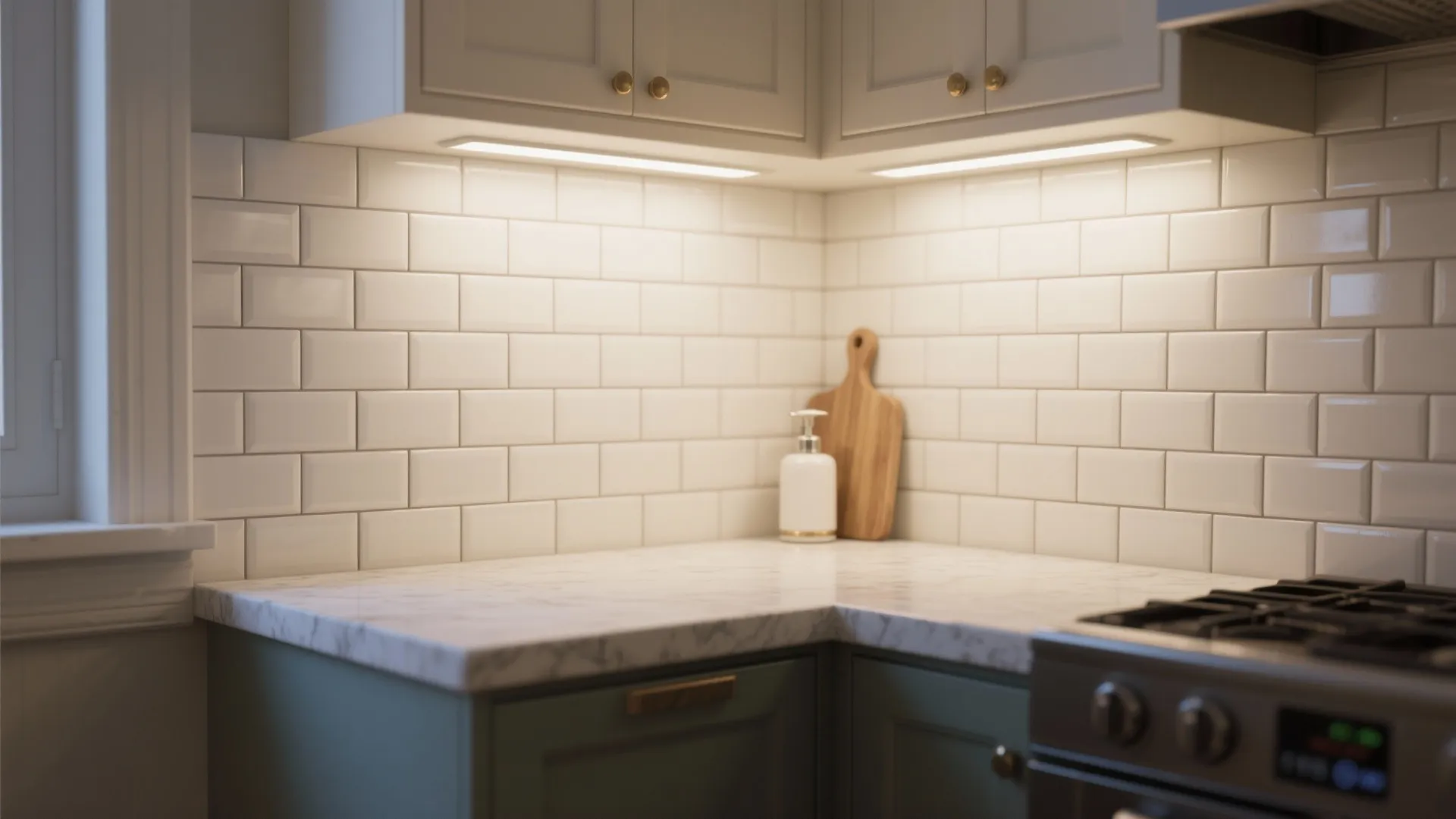 Close-up of a small subway mosaic backsplash with mid-tone grout and glossy finish above a quartz counter.