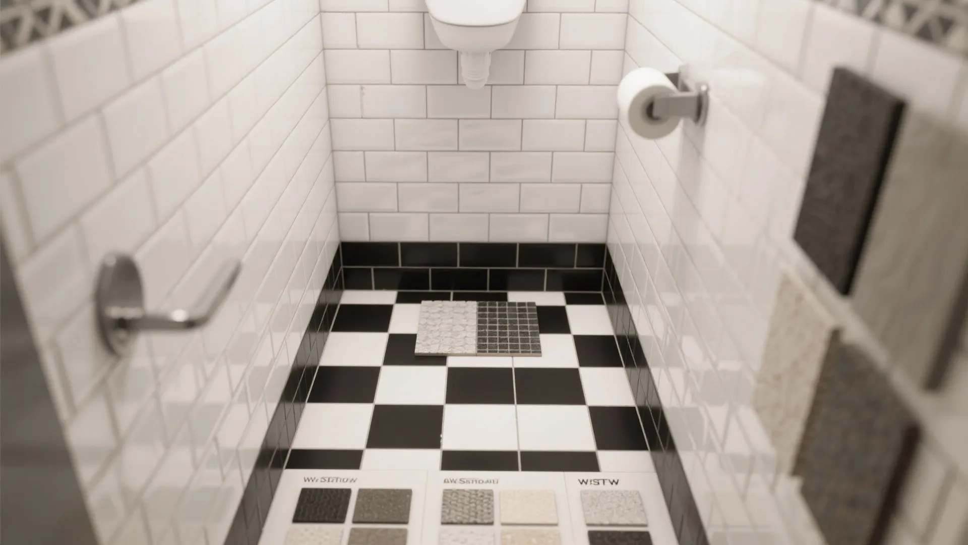 Small bathroom space featuring white wall tiles, checkered floor patterns, and various tile material samples