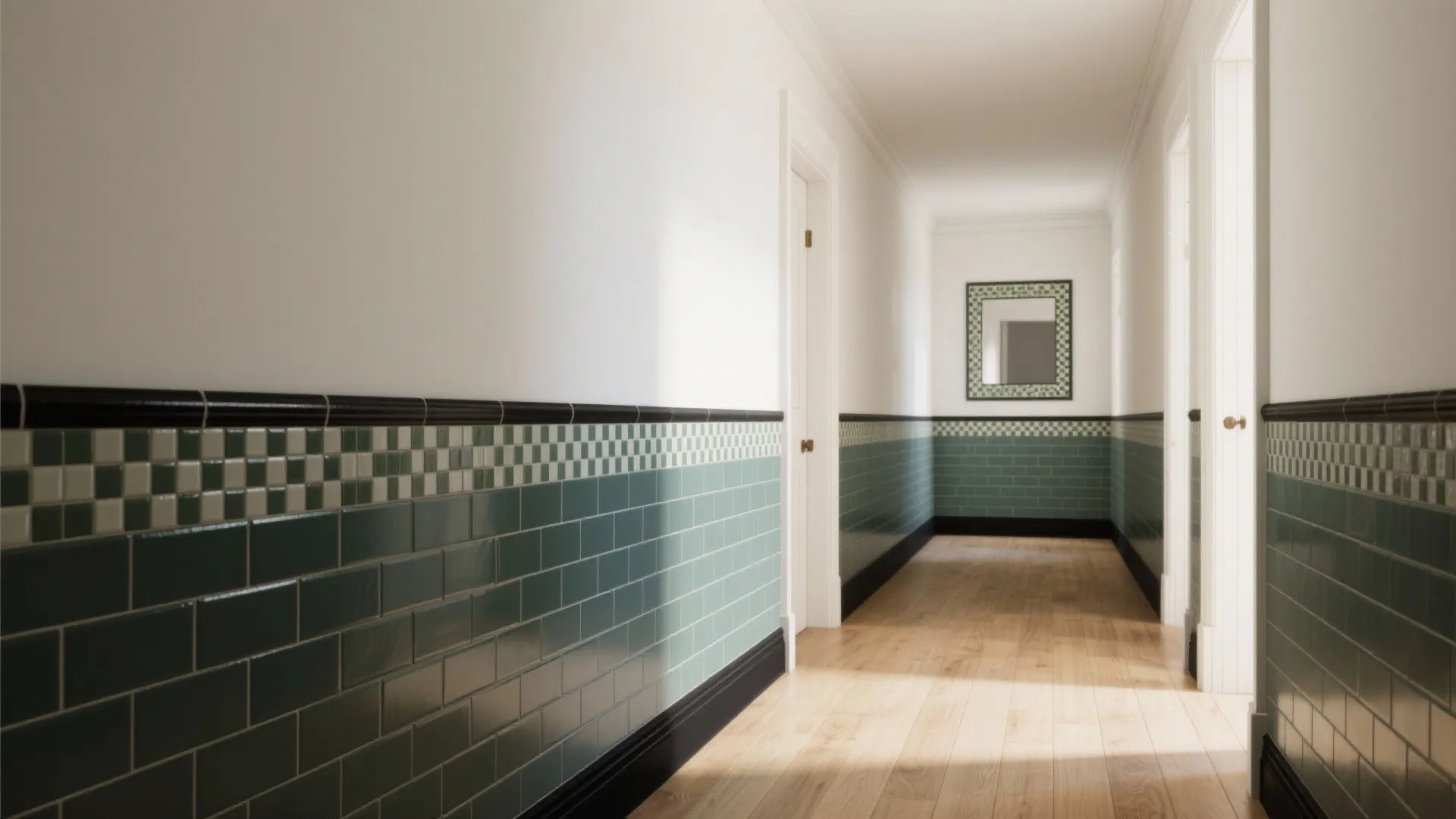 Bright hallway featuring green wall tiles with a decorative pattern border and light wood flooring