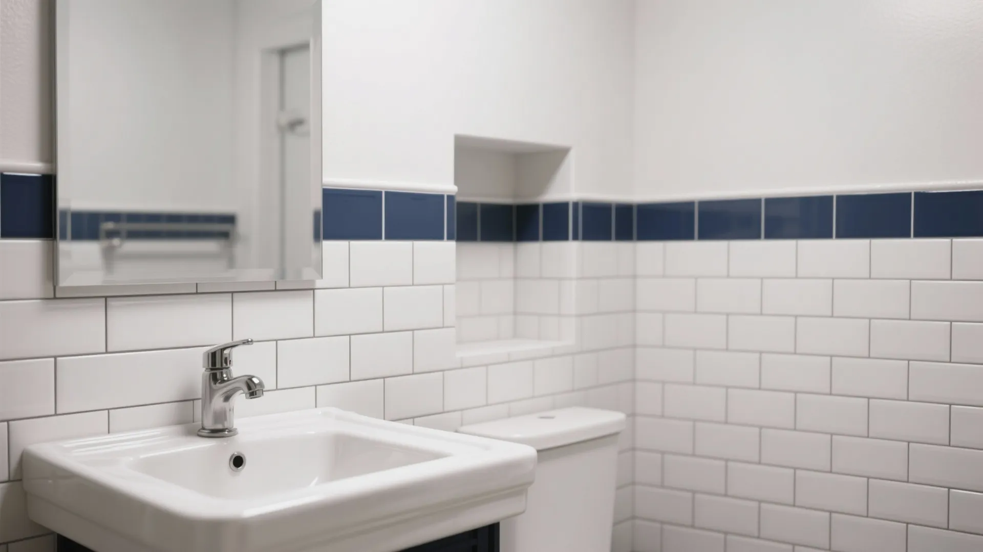 Modern bathroom with white wall tiles navy blue accent line white sink and large mirror