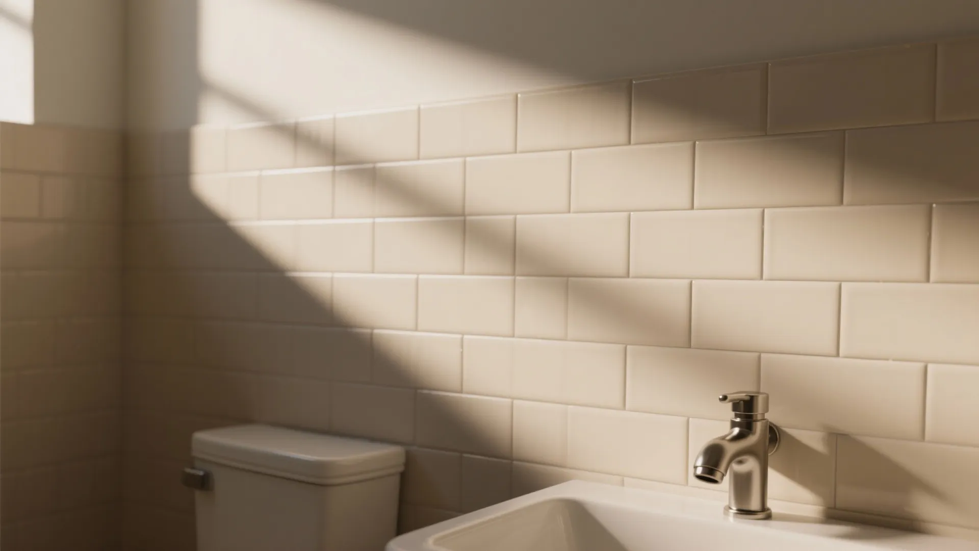 Close up of cream brick wall tiles in bathroom with silver metal water faucet sink