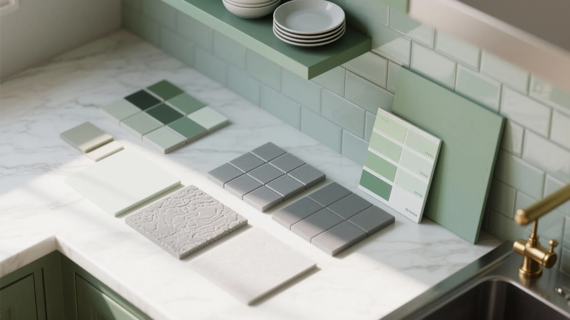Flatlay of grey subway tile, olive-green accents and grout samples
