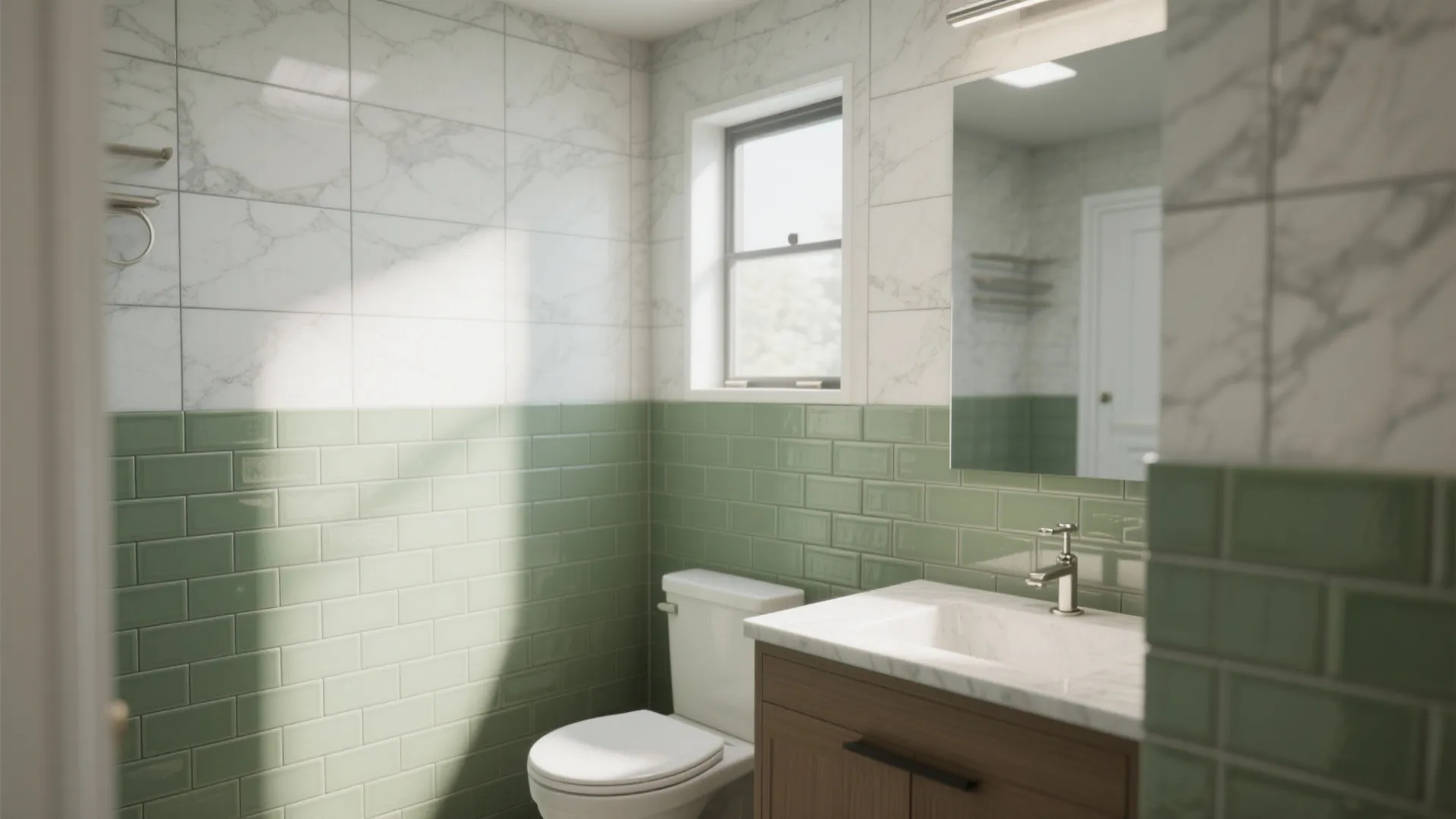 Modern bathroom with olive green wall tiles white marble upper walls wood cabinet and white toilet