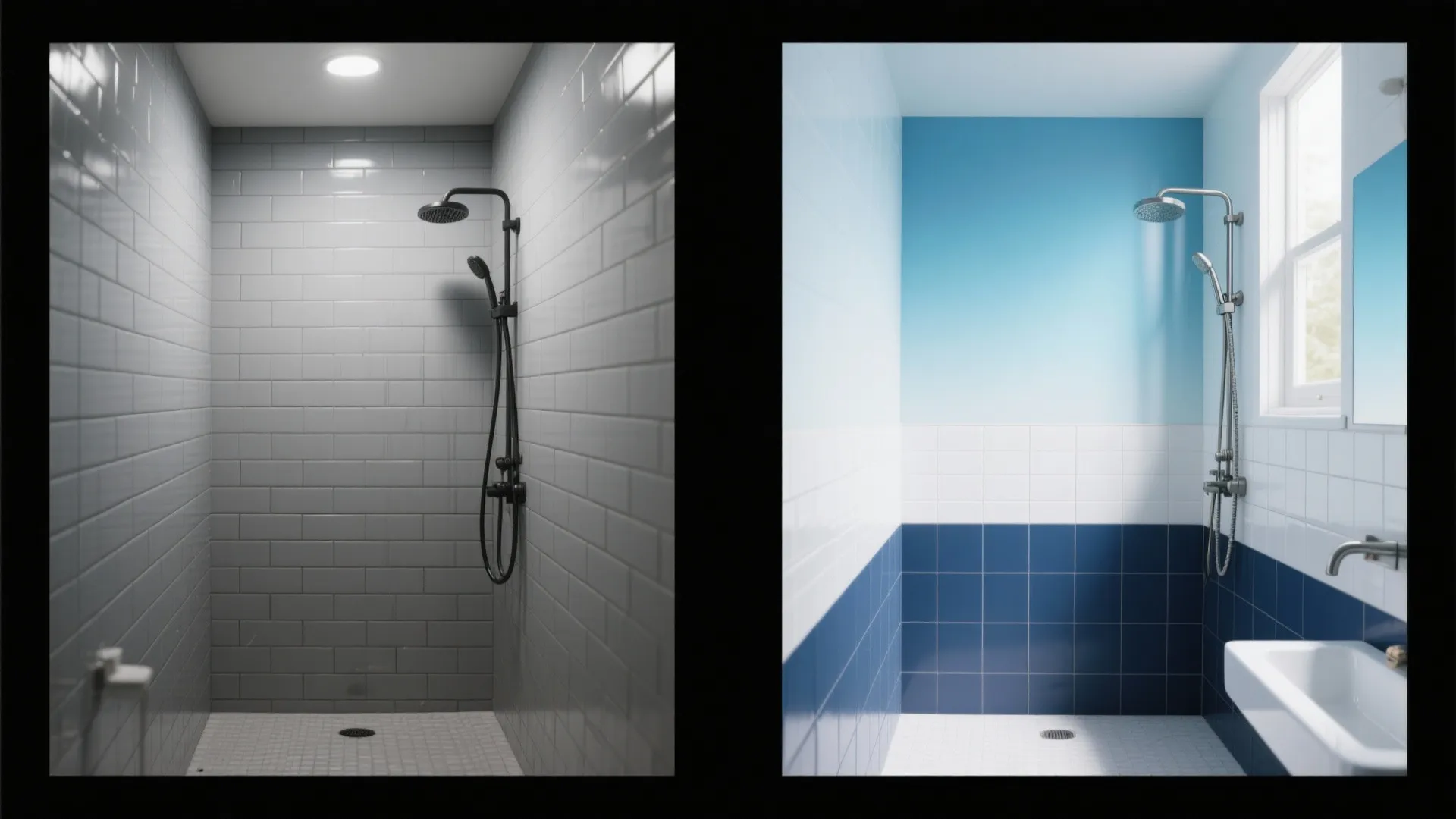 Before and after comparison of a grey shower room versus a bright blue tiled bathroom