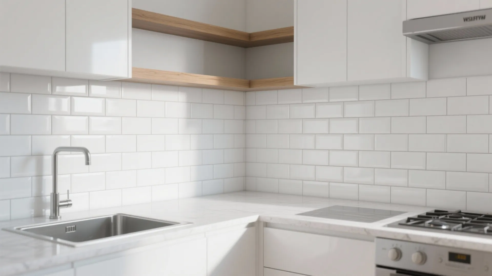 Clean white kitchen interior with subway tile backsplash marble countertop sink stove and corner wooden shelves