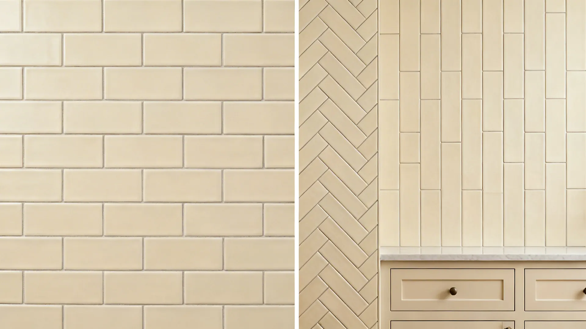 Comparison of cream subway tiles in classic horizontal versus vertical stack and herringbone.