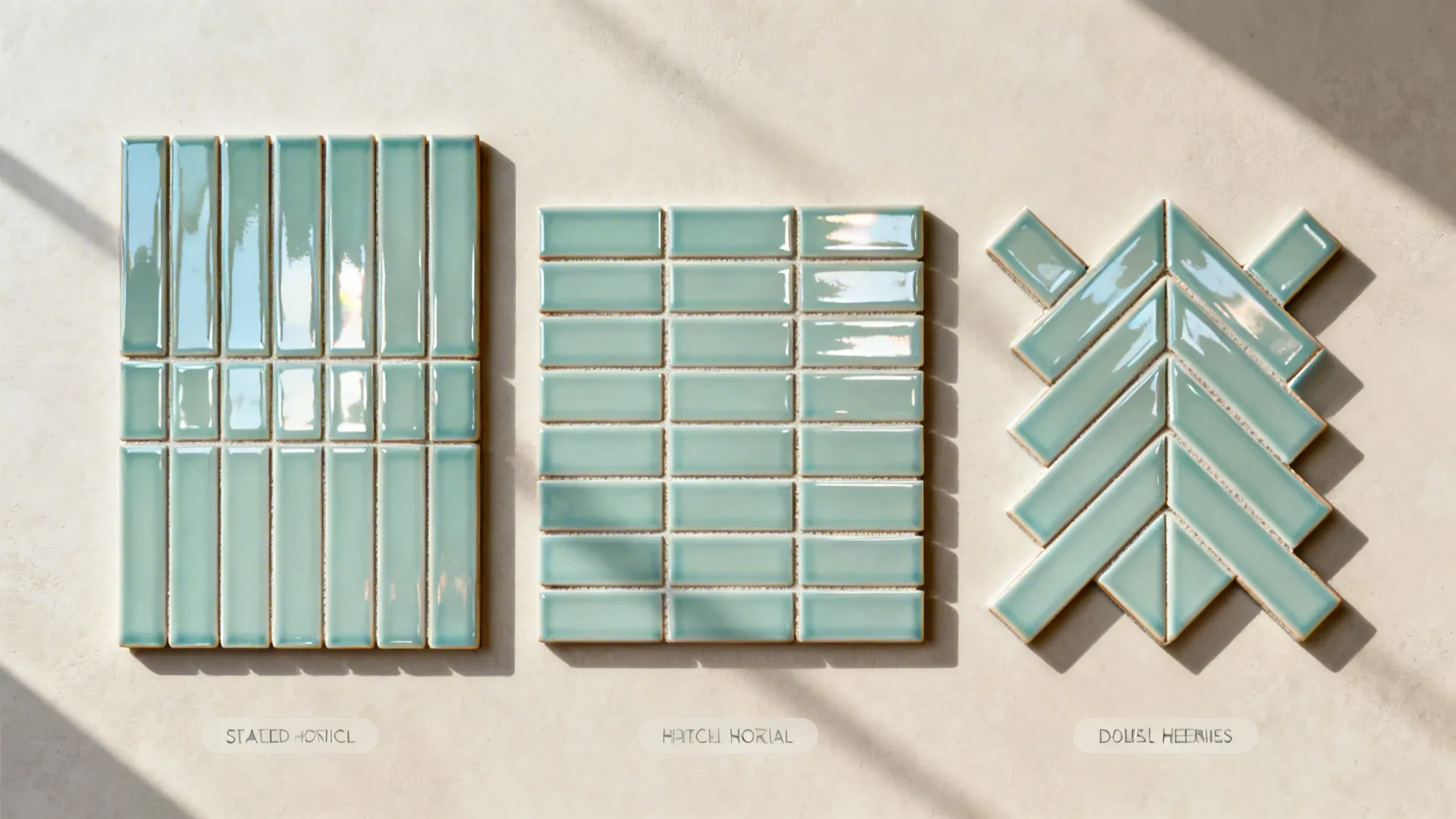 Top-down flatlay showing vertical stack, horizontal stack, and double herringbone glossy subway patterns.