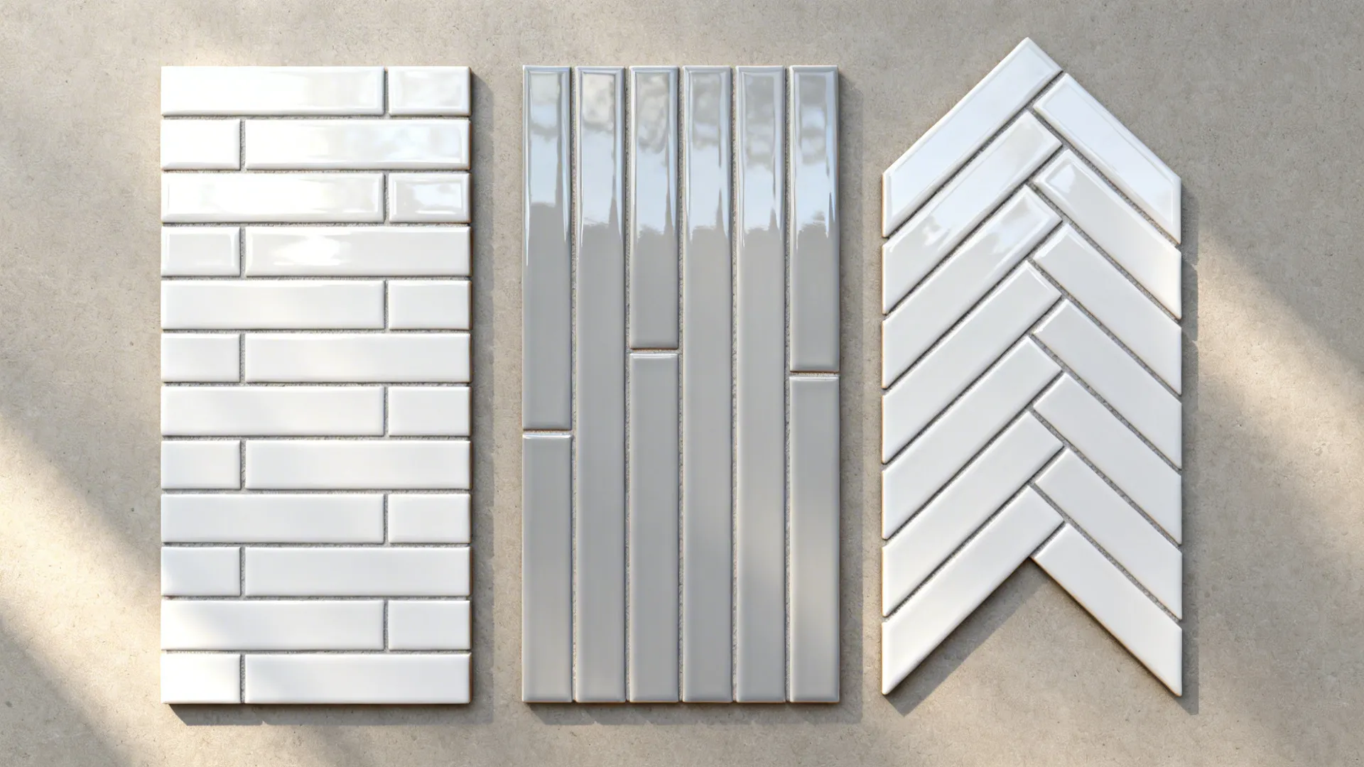 Top-down view comparing subway tile patterns and grout options.