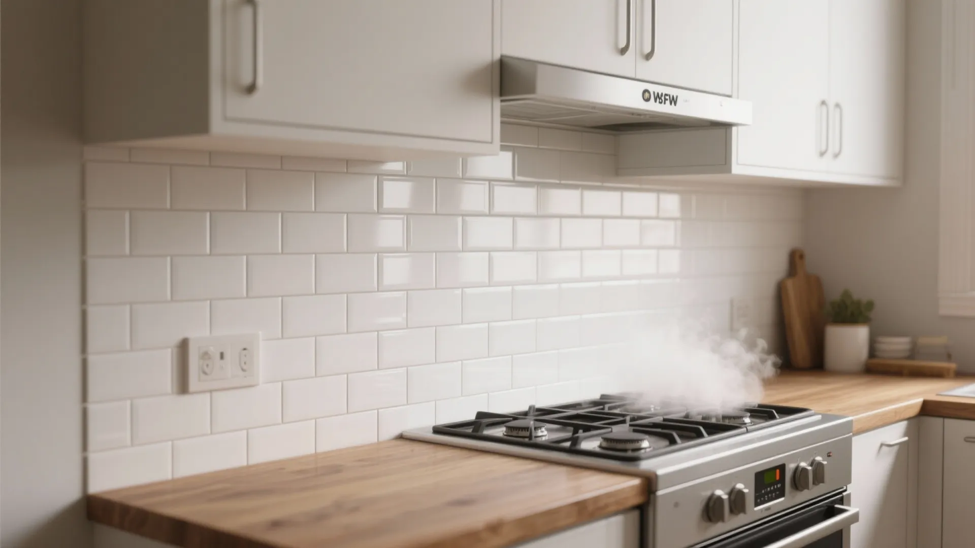 White rectangular wall tiles in kitchen with wood counter top stove and overhead white storage cabinets