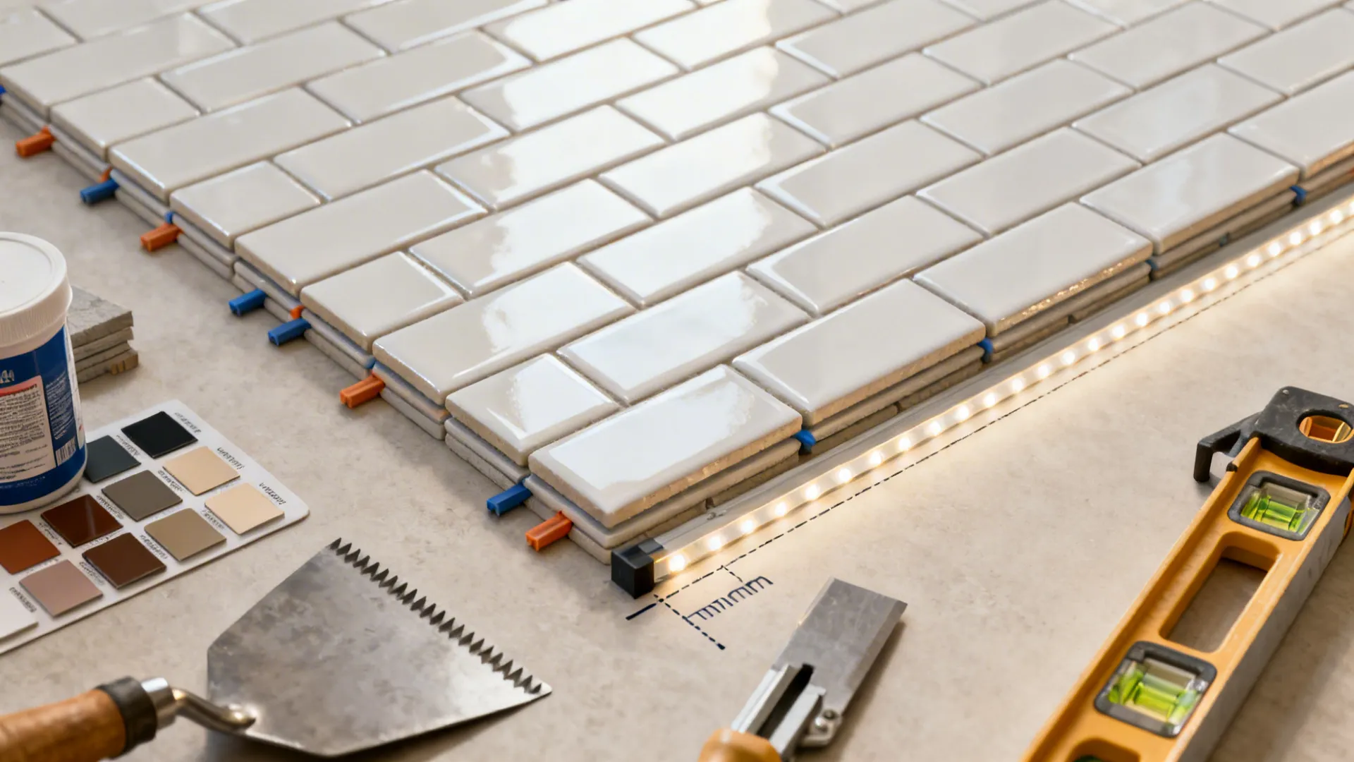 Top-down layout of stacked glossy subway tiles with spacers and tools for planning.