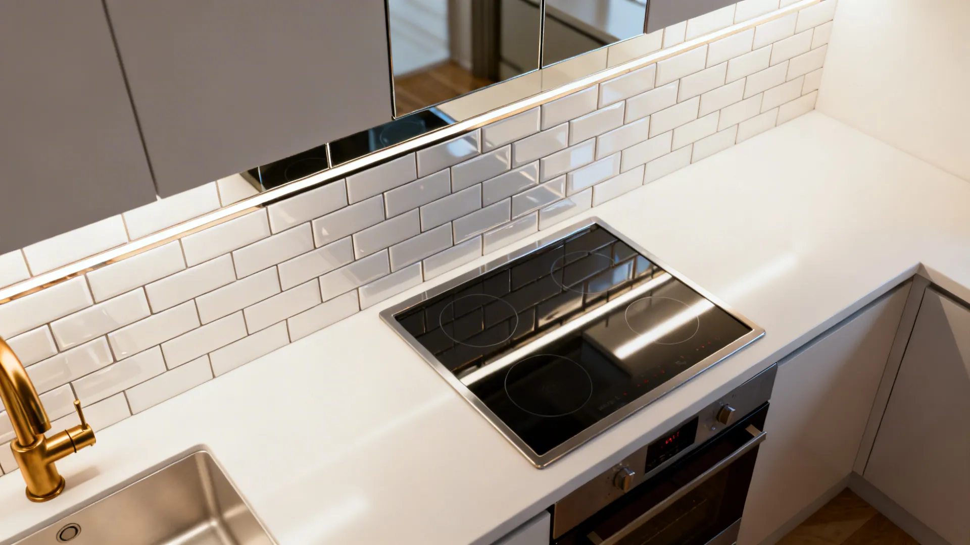 Top view of a glossy subway tile layout with a narrow mirrored accent behind a cooktop.