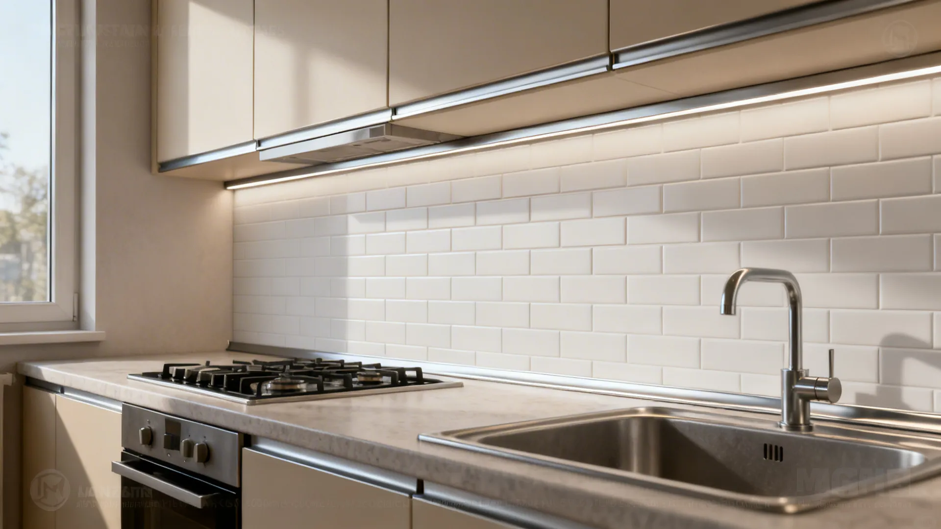 Subway-look PVC backsplash with micro-bevels and slim aluminum trim behind hob and sink.