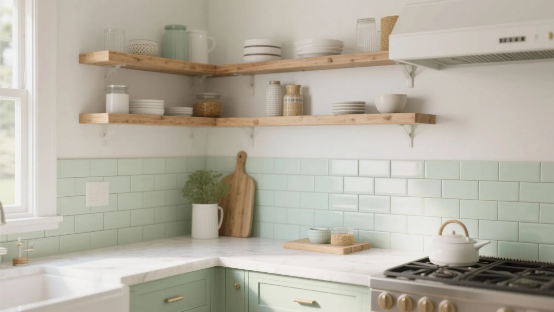 Modern kitchen with green wall tiles wooden open shelves white marble countertop and a gas stove