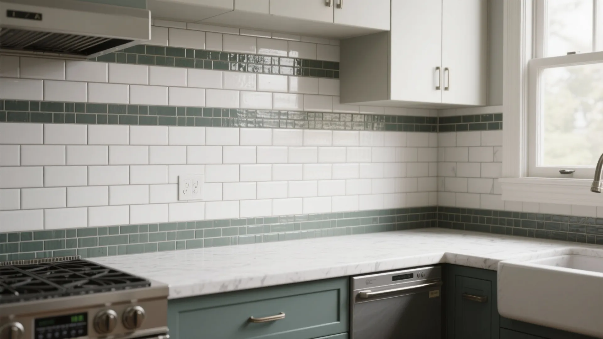 Modern kitchen with white subway wall tiles green accent stripes marble countertop and white wood cabinets