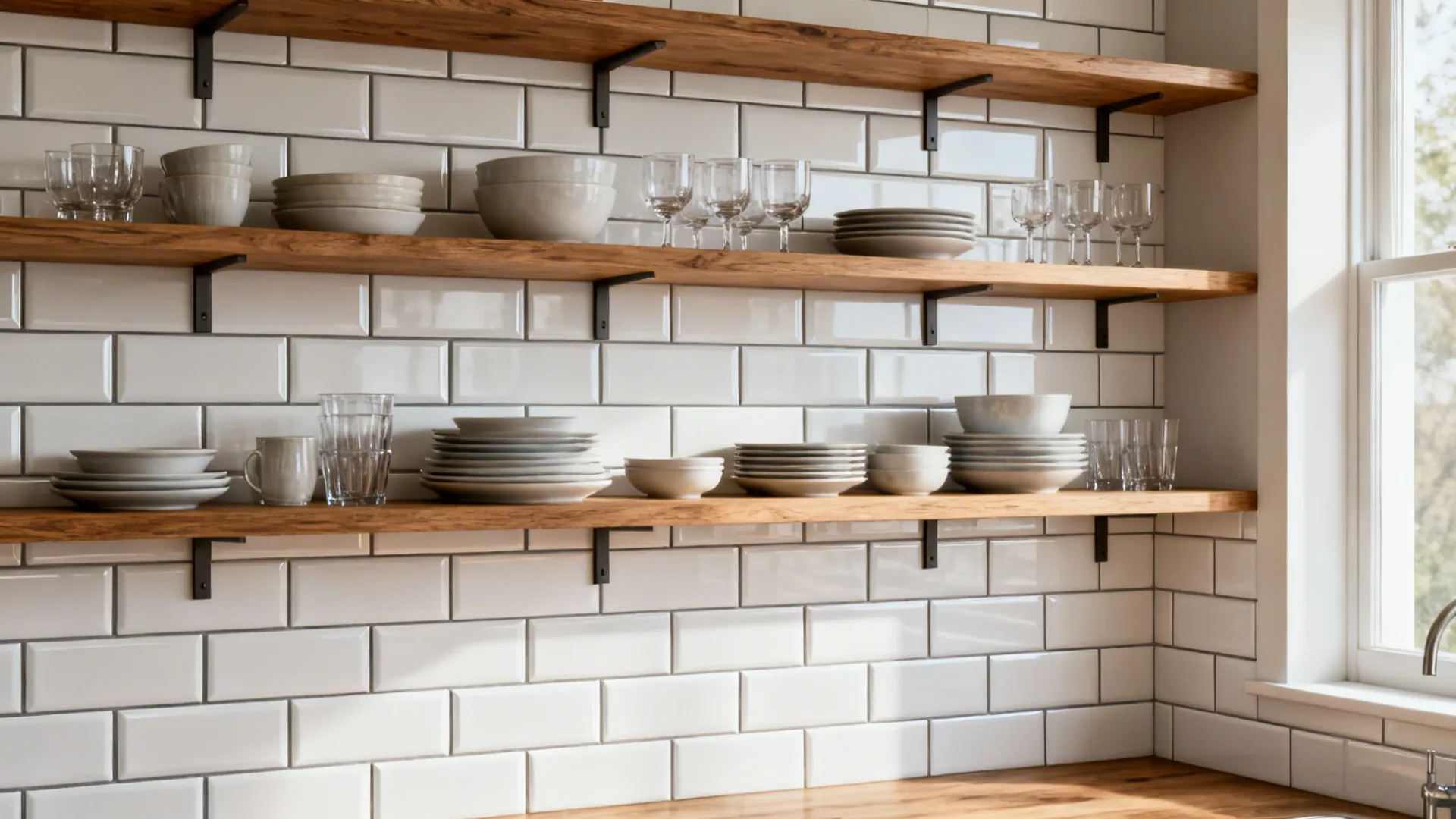 Subway tile backsplash with open oak shelves aligned to grout lines in a small kitchen.