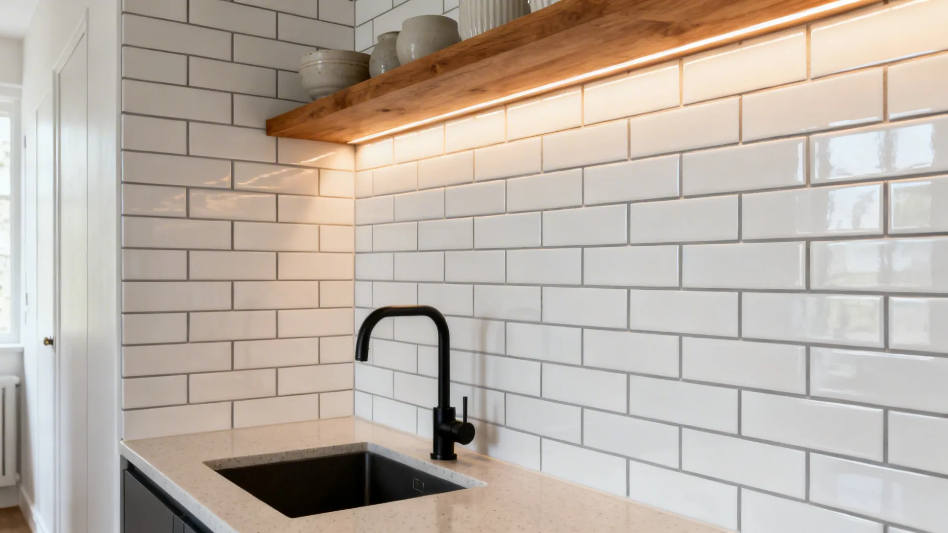 White subway tile backsplash with slim warm gray grout lines and warm under-cabinet light.