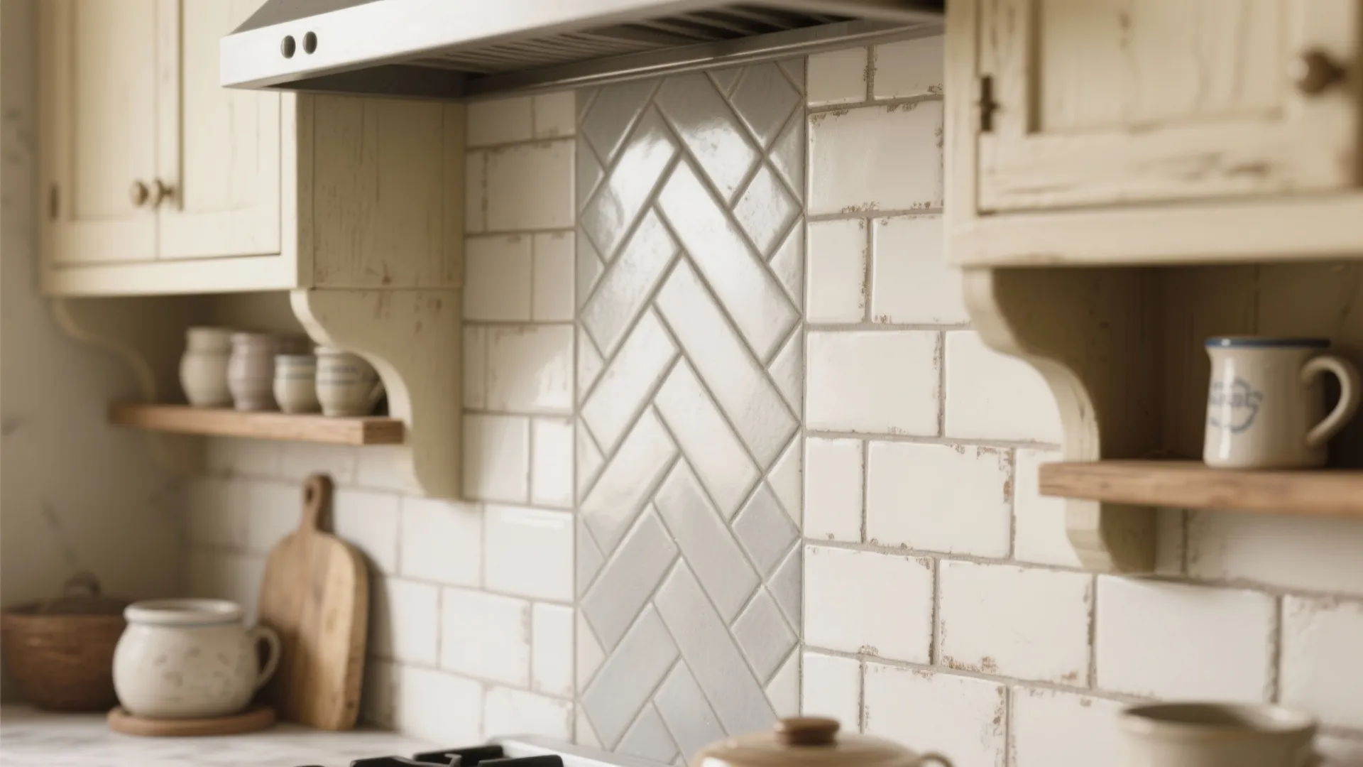 Close up of cream kitchen wall tiles featuring a vertical herringbone pattern and wooden cabinets