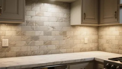 Elegant Gray Kitchen with Marble-Look Backsplash Design