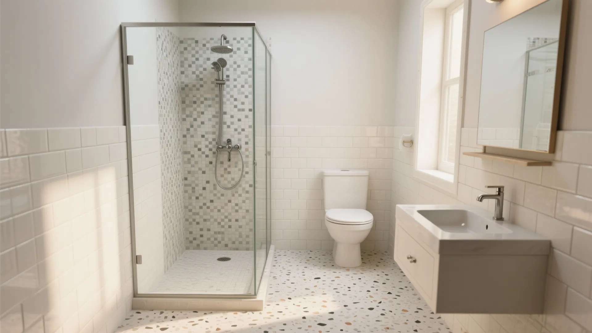 Matte subway walls + terrazzo (or mosaic) floors