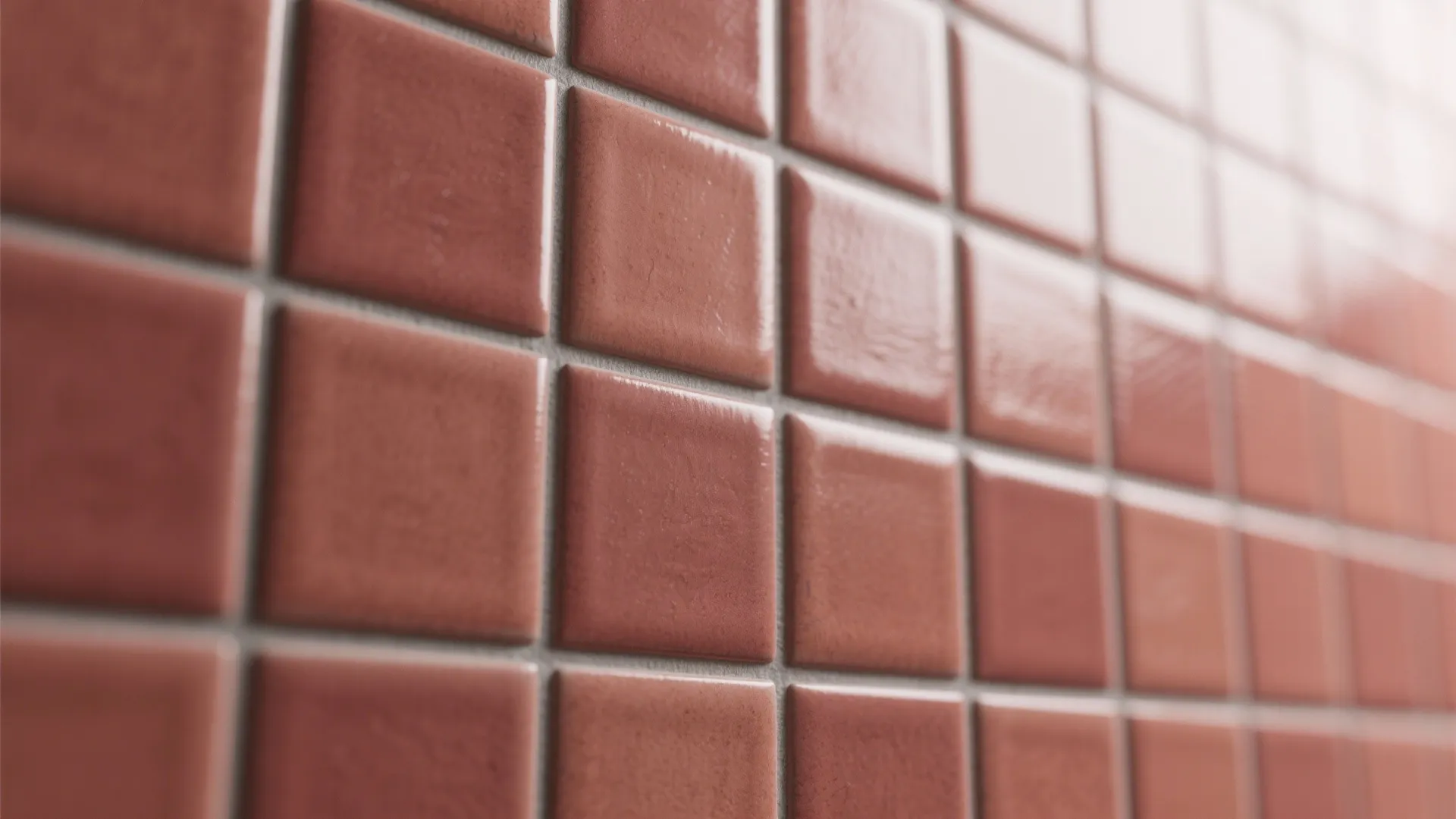Close up of small square pink wall tiles with clean white grout lines in a bathroom