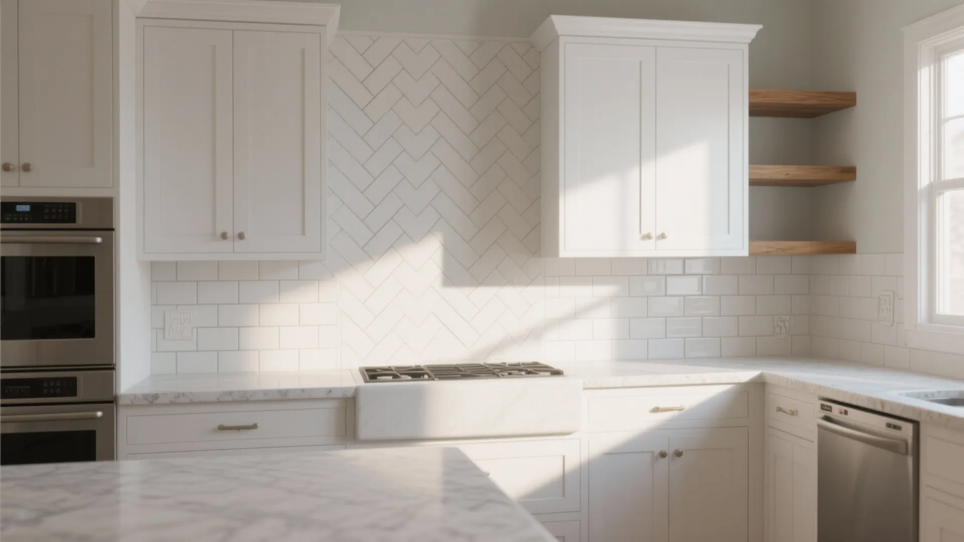 Modern white kitchen with wood shelves white cabinets and a decorative pattern on the backsplash