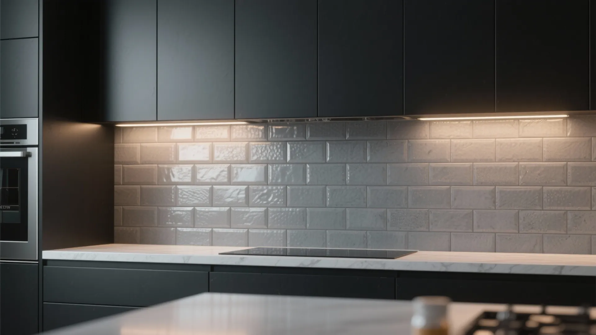 3. Grey subway tile backsplash behind black cabinets