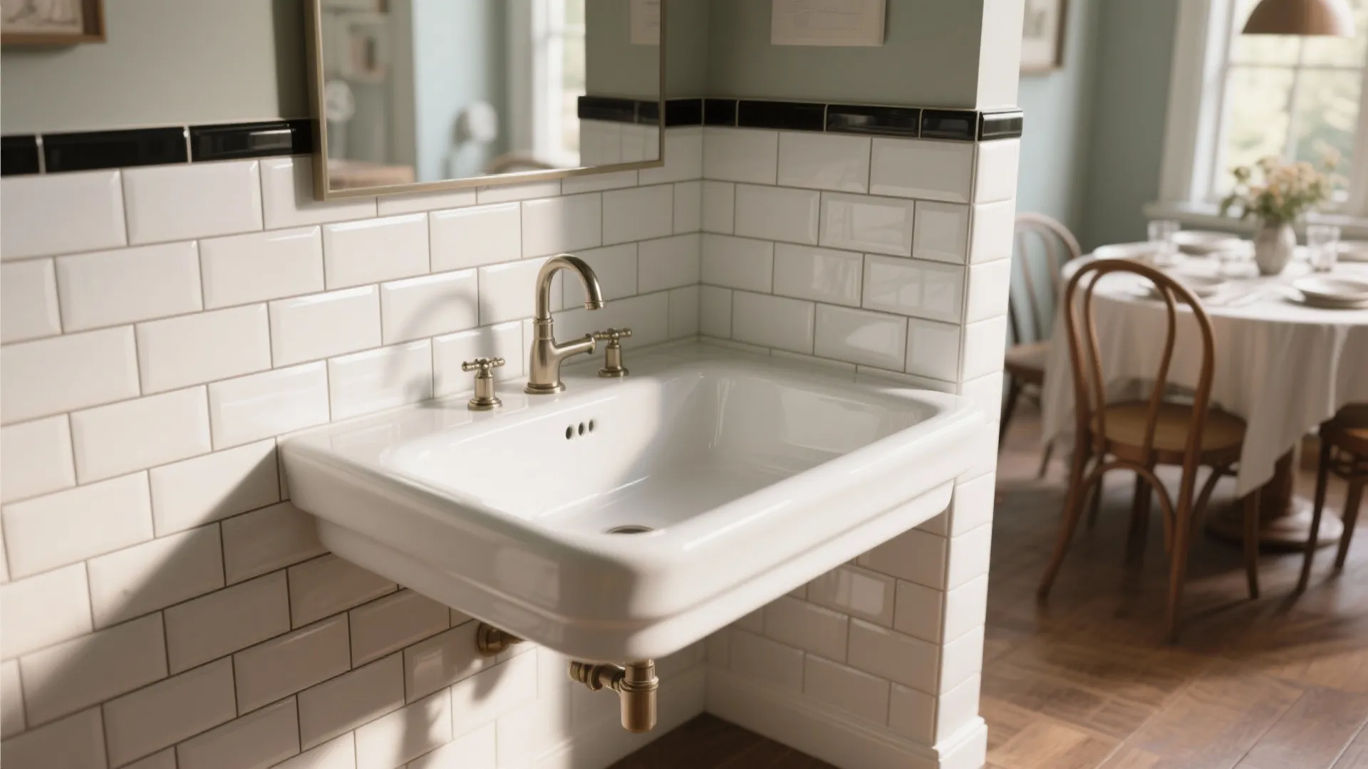 Mixed matte and gloss white subway tiles for basin