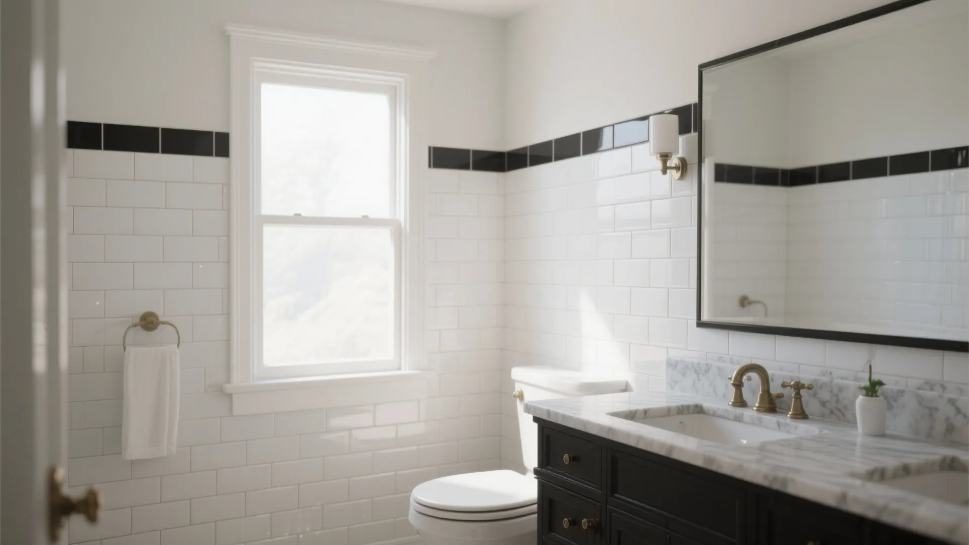 Modern bathroom featuring white brick wall tiles black decorative border dark cabinet and white marble countertop