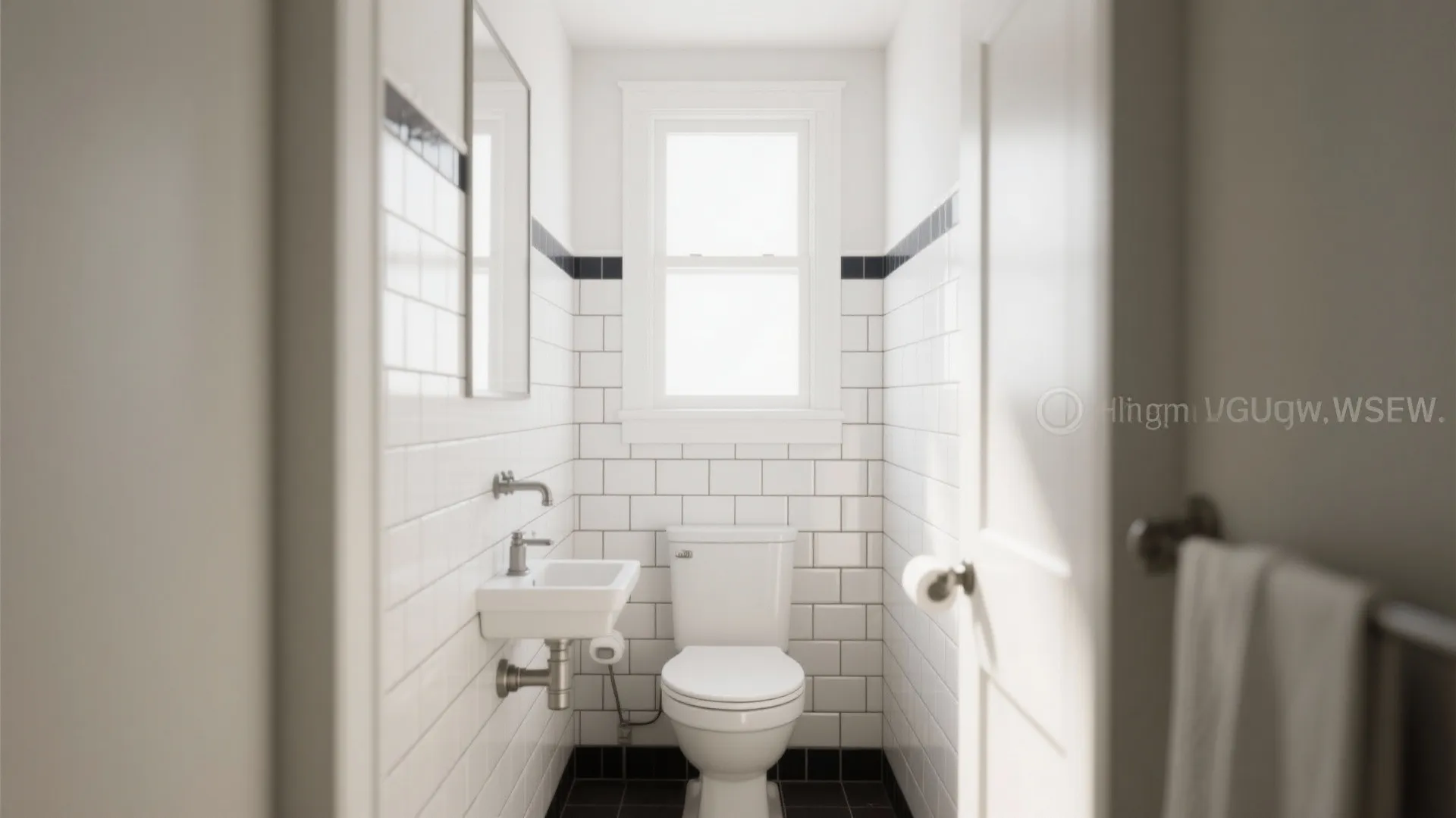 Small white bathroom with subway wall tiles, a white toilet, small sink, and natural light
