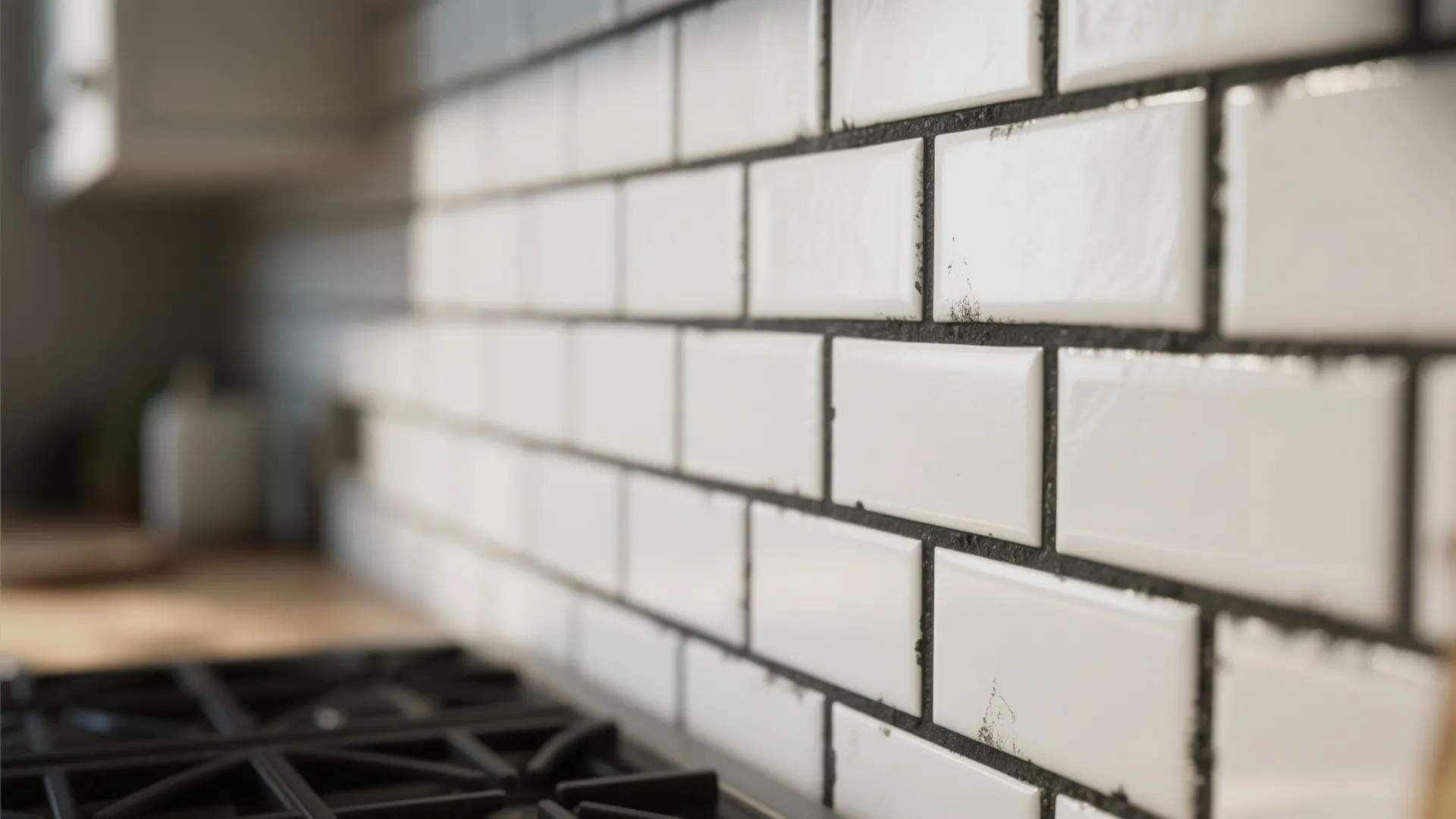 Close-up of white subway tile backsplash with black grout showing pattern and texture