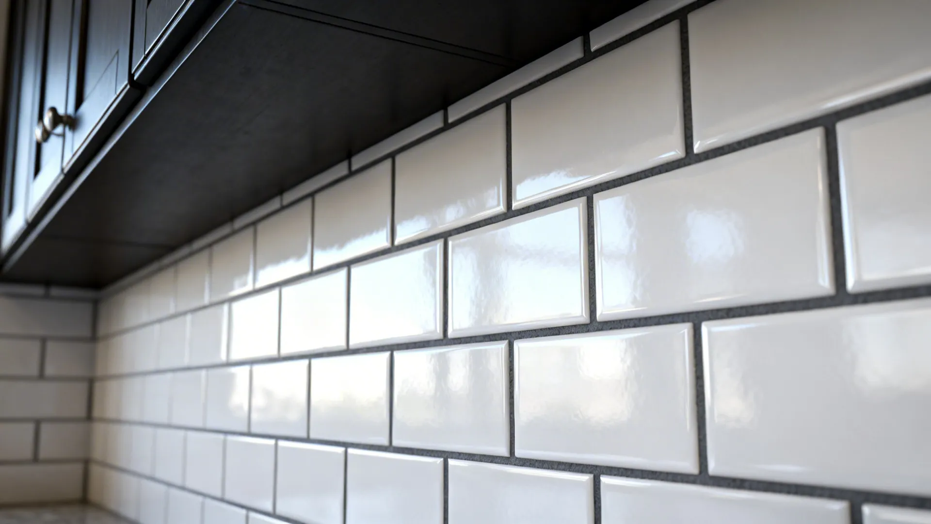 Glossy white subway tile with charcoal grout creating bold contrast against dark cabinetry
