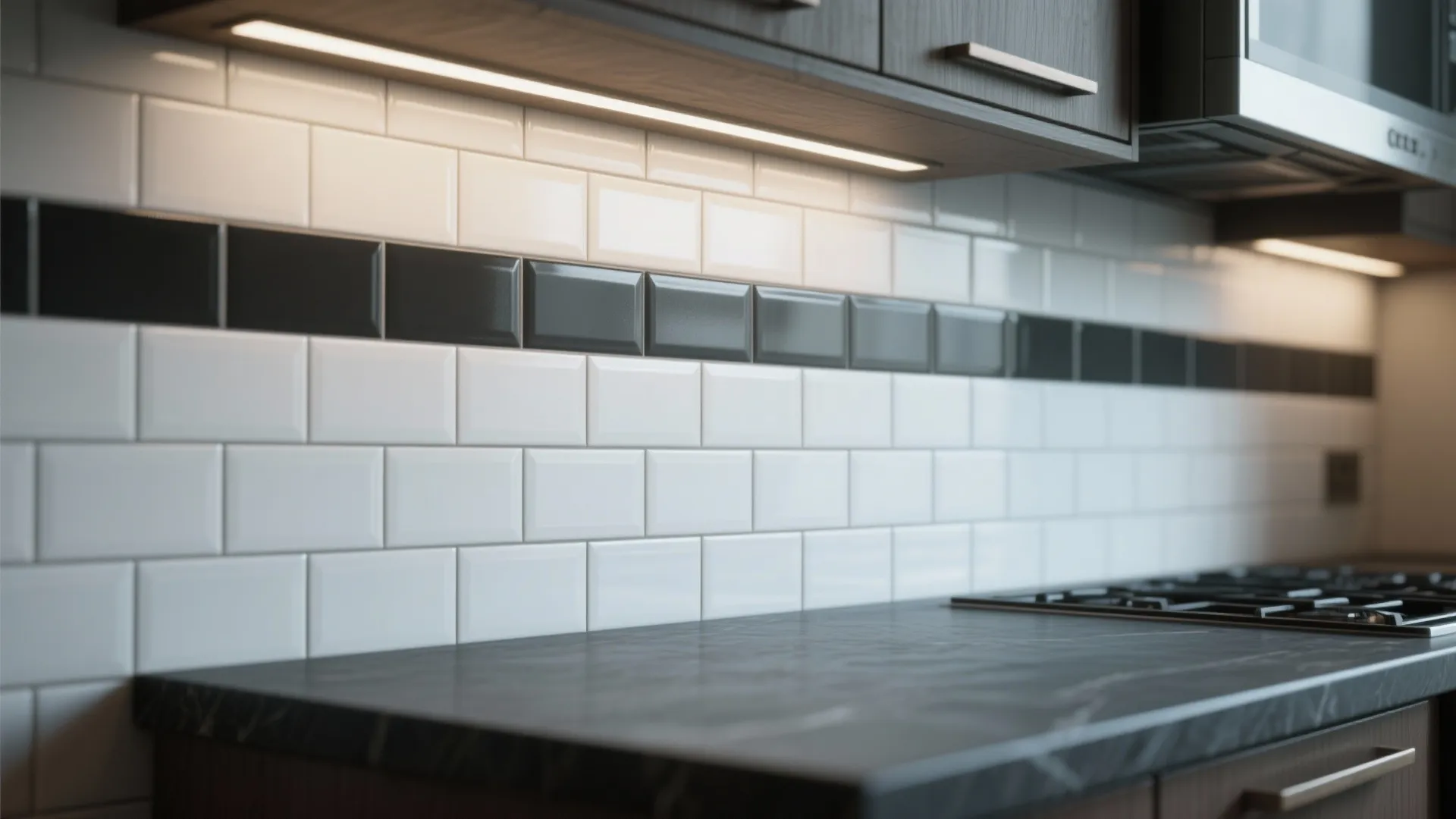 Modern kitchen backsplash with white and black tiles under cabinet light and dark stone countertop