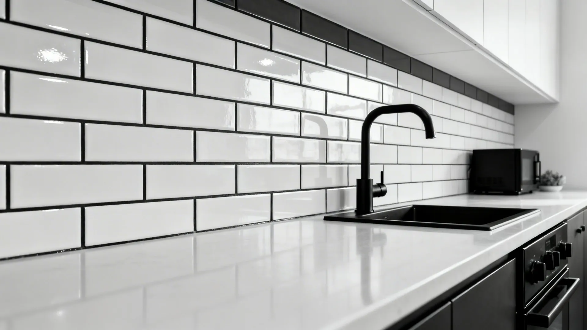 White subway tile with charcoal grout and a black kitchen faucet in a bright galley.