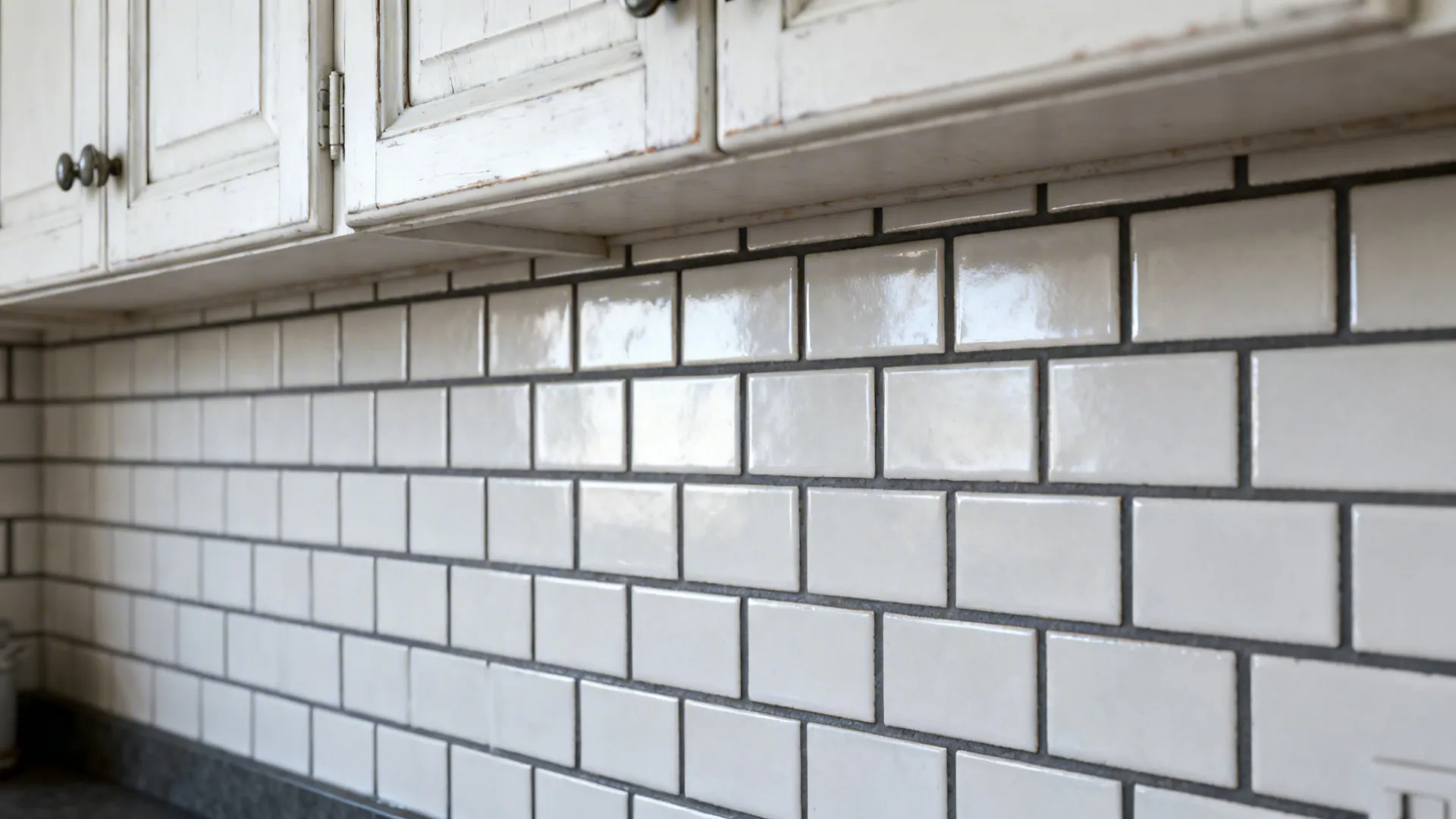 White subway tile backsplash with dark gray grout paired with antique white cabinets