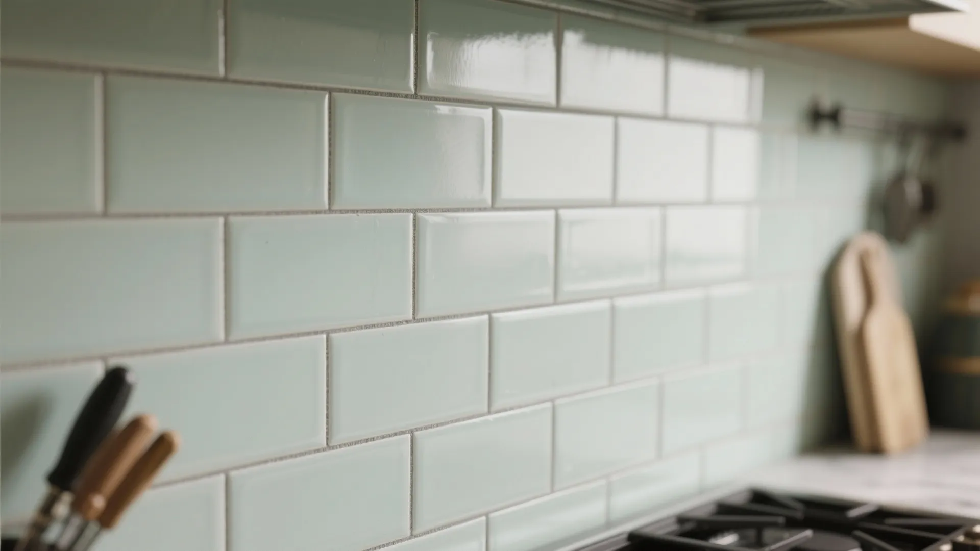 Close-up of light subway tiles in running bond with a thin contrasting grout line on a kitchen backsplash.