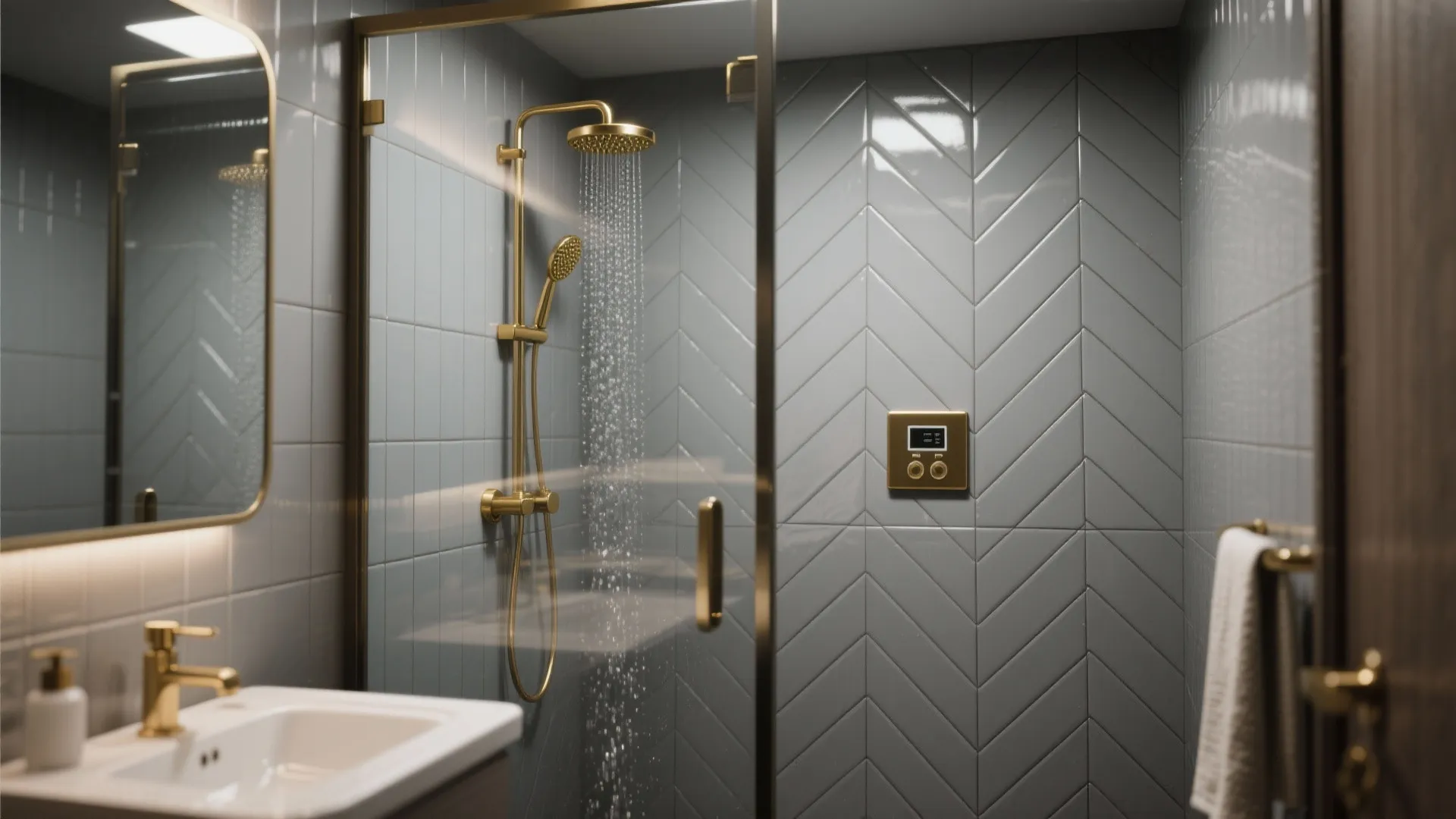 4. Gray Subway Tile Shower with Gold Shower Fixtures