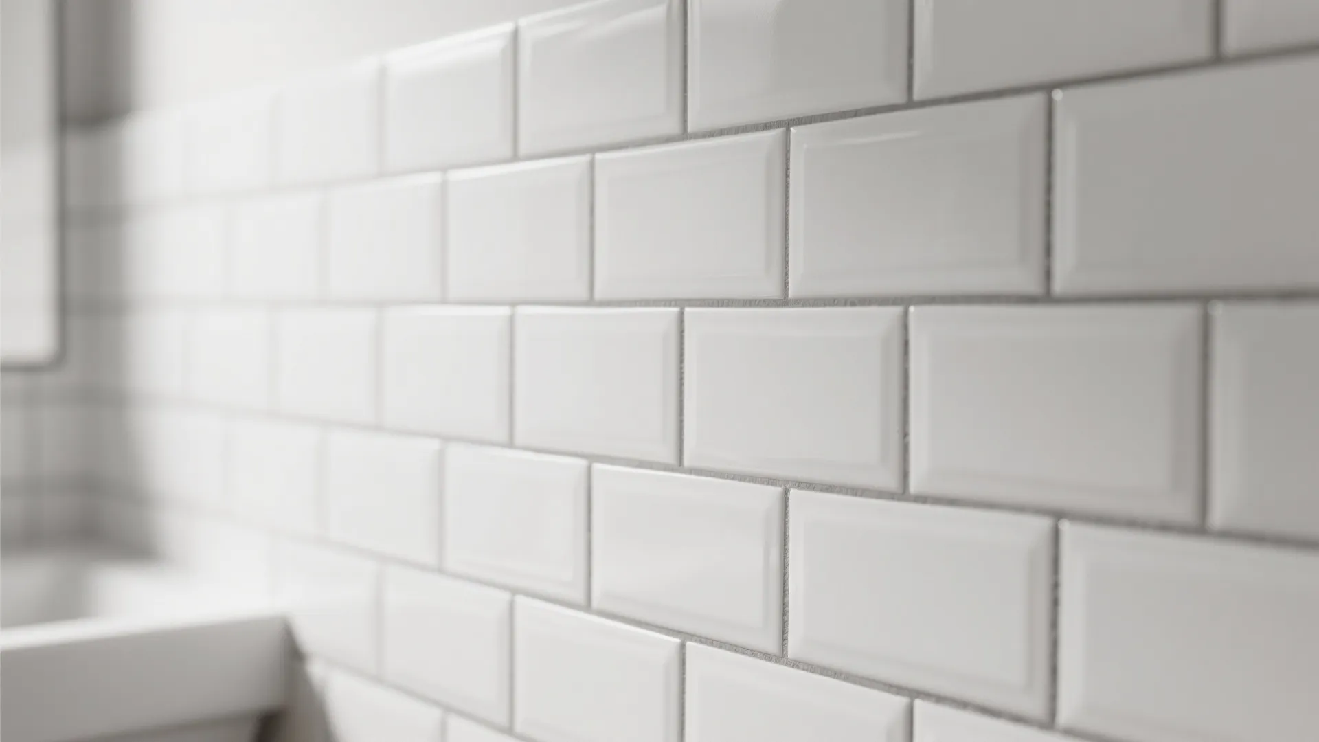 Close up view of white rectangular wall tiles with grey grout lines in a bathroom