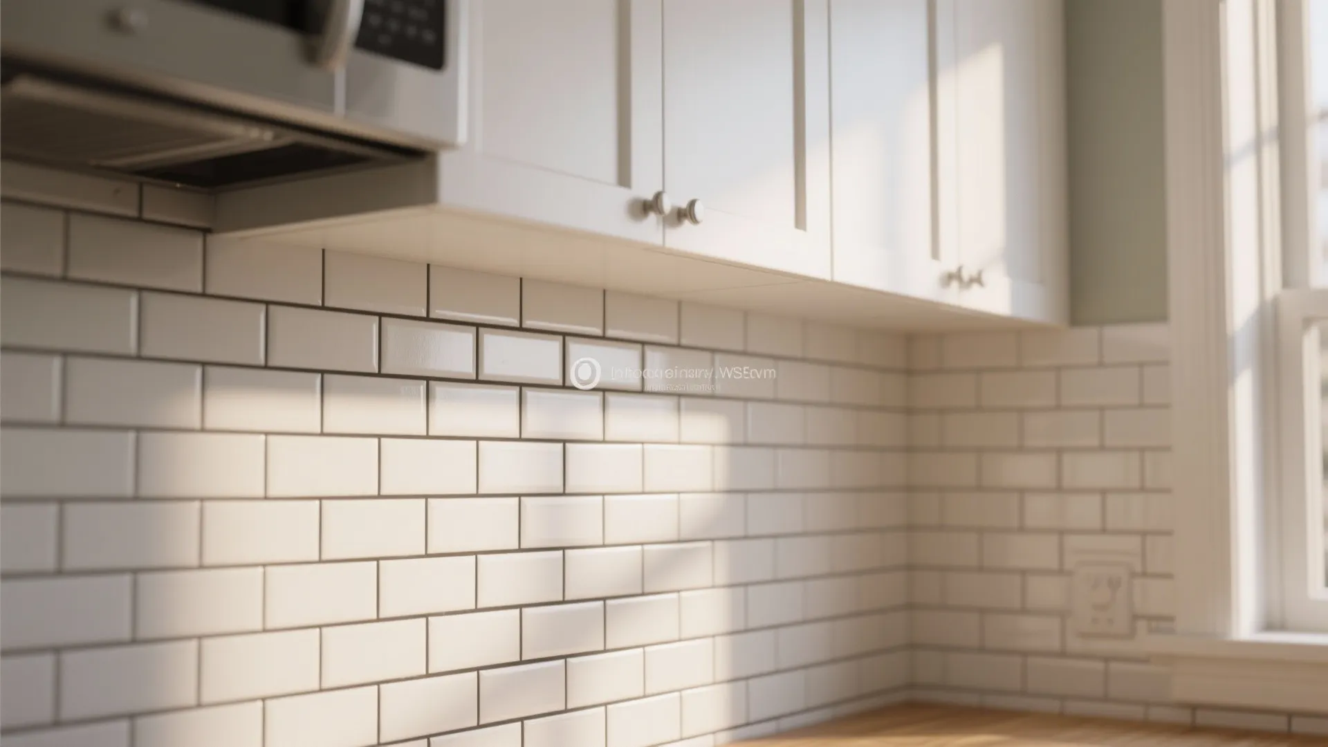 Modern kitchen with white subway tile wall white wooden cabinets wooden countertop and bright natural light