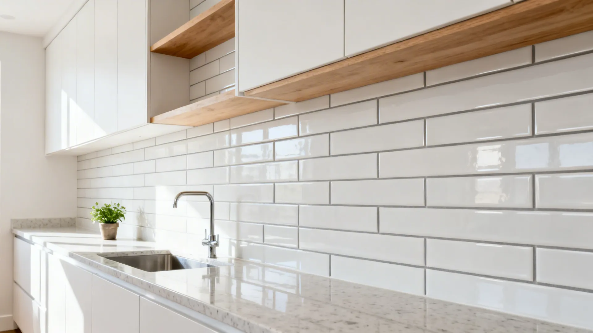 Small galley kitchen with white subway tile and warm gray grout reflecting soft daylight.