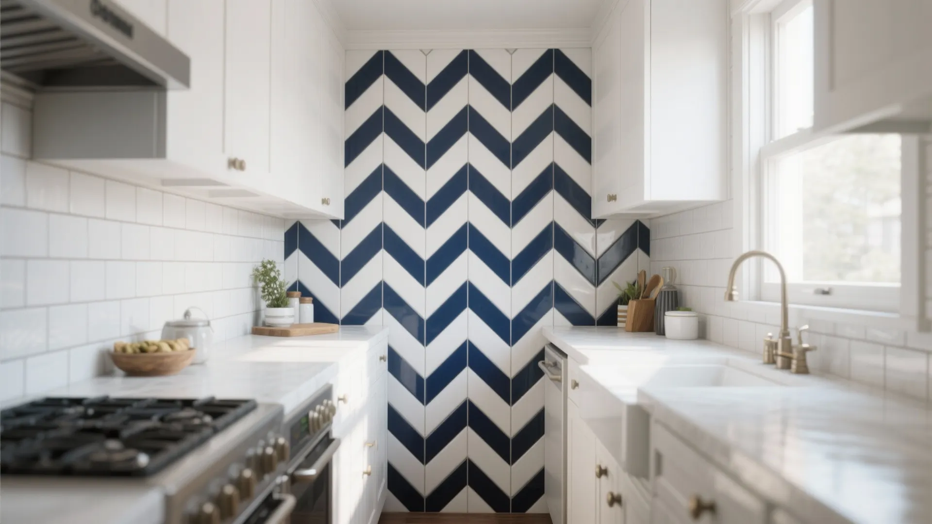 Narrow white kitchen with blue and white zigzag wall tiles white cabinets and marble kitchen countertop