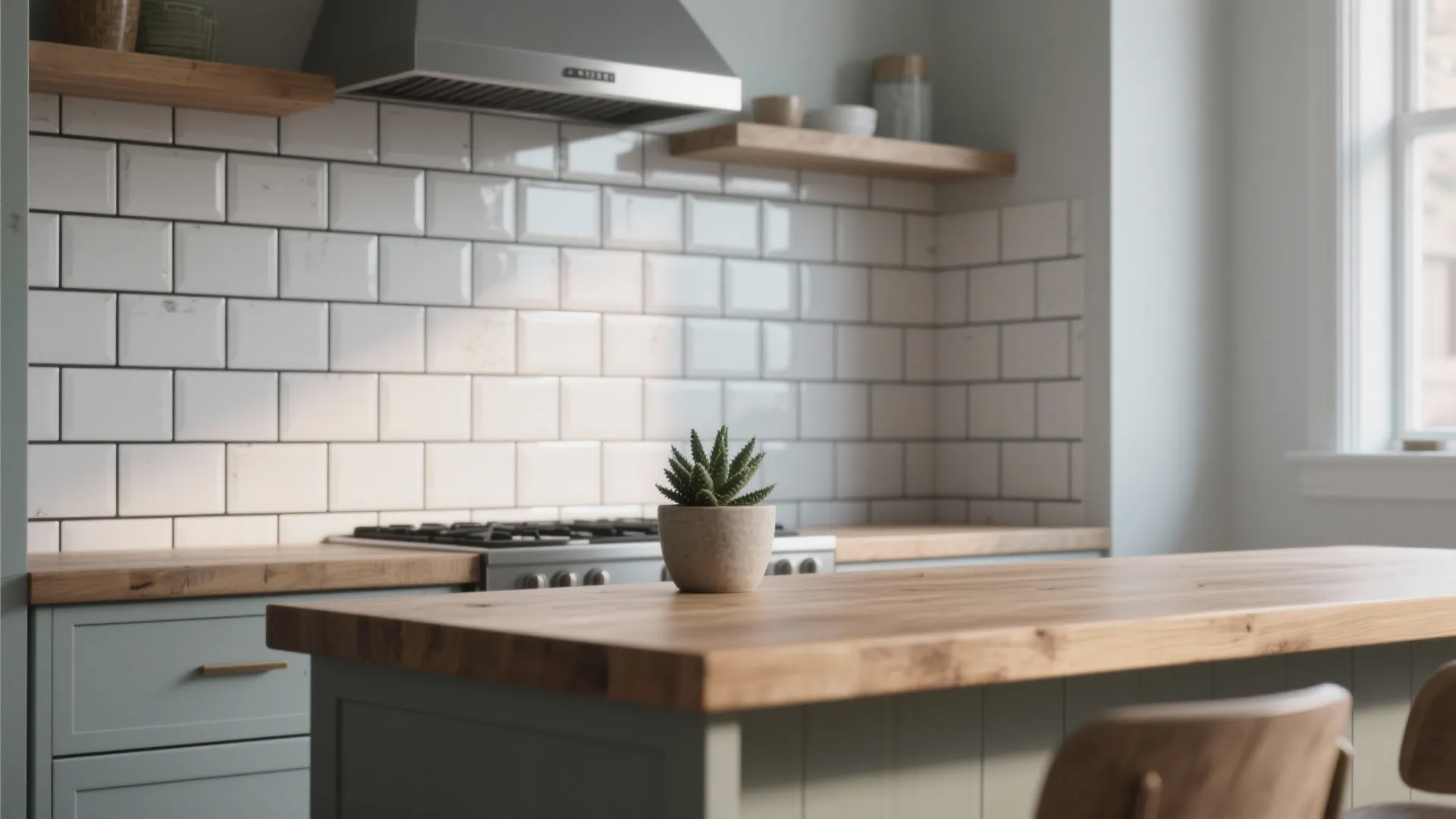 Kitchen island faced in classic white subway tiles with darker grout and a wooden countertop in soft daylight.