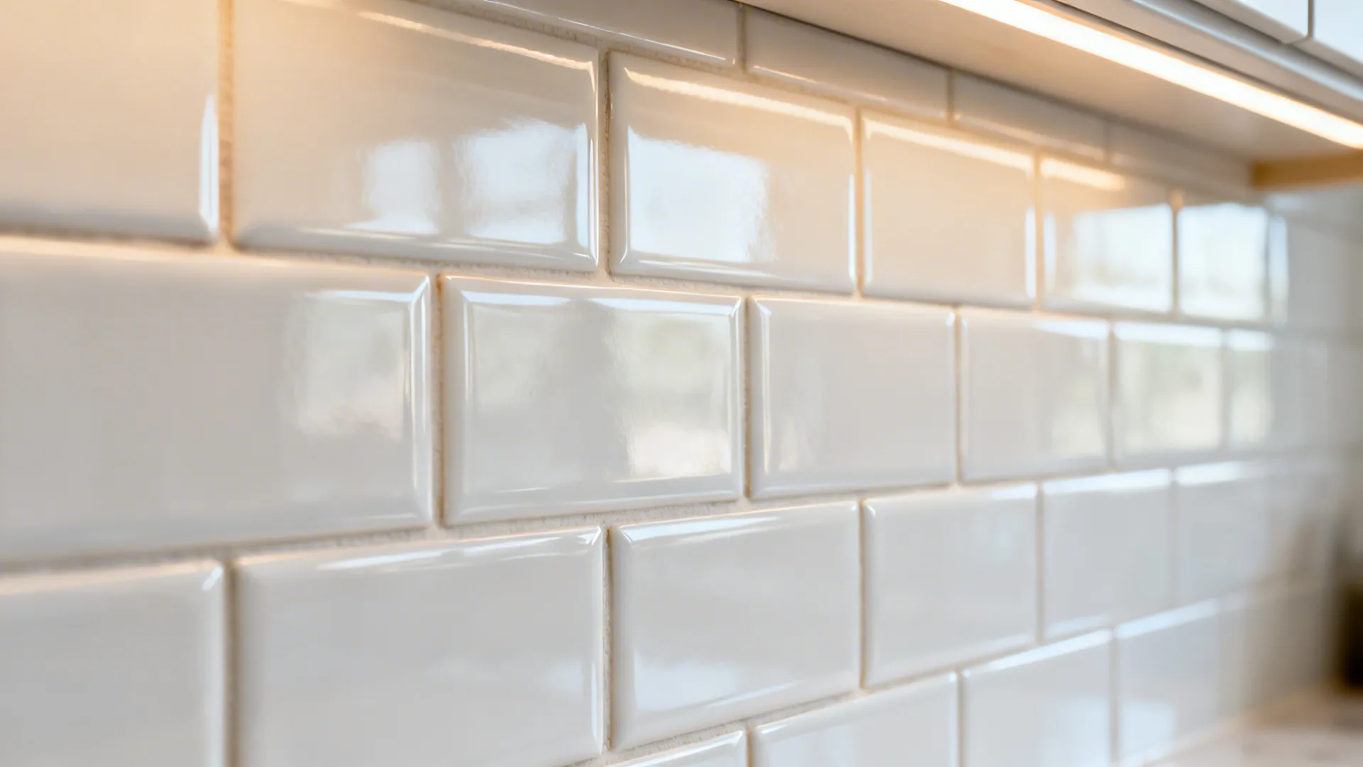 Macro of glossy subway tile surface showing clean grout and reflective glaze.
