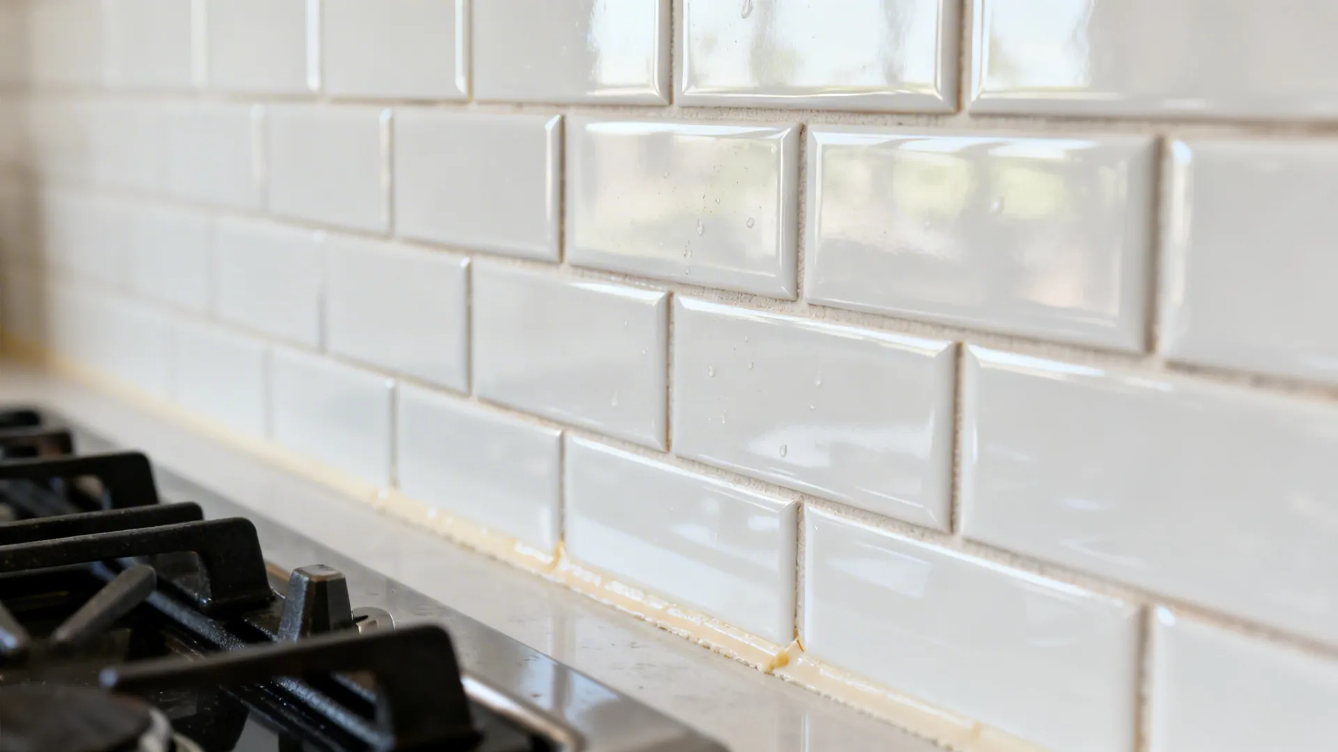 Macro of glossy subway tiles with staggered grout lines near a cooktop.